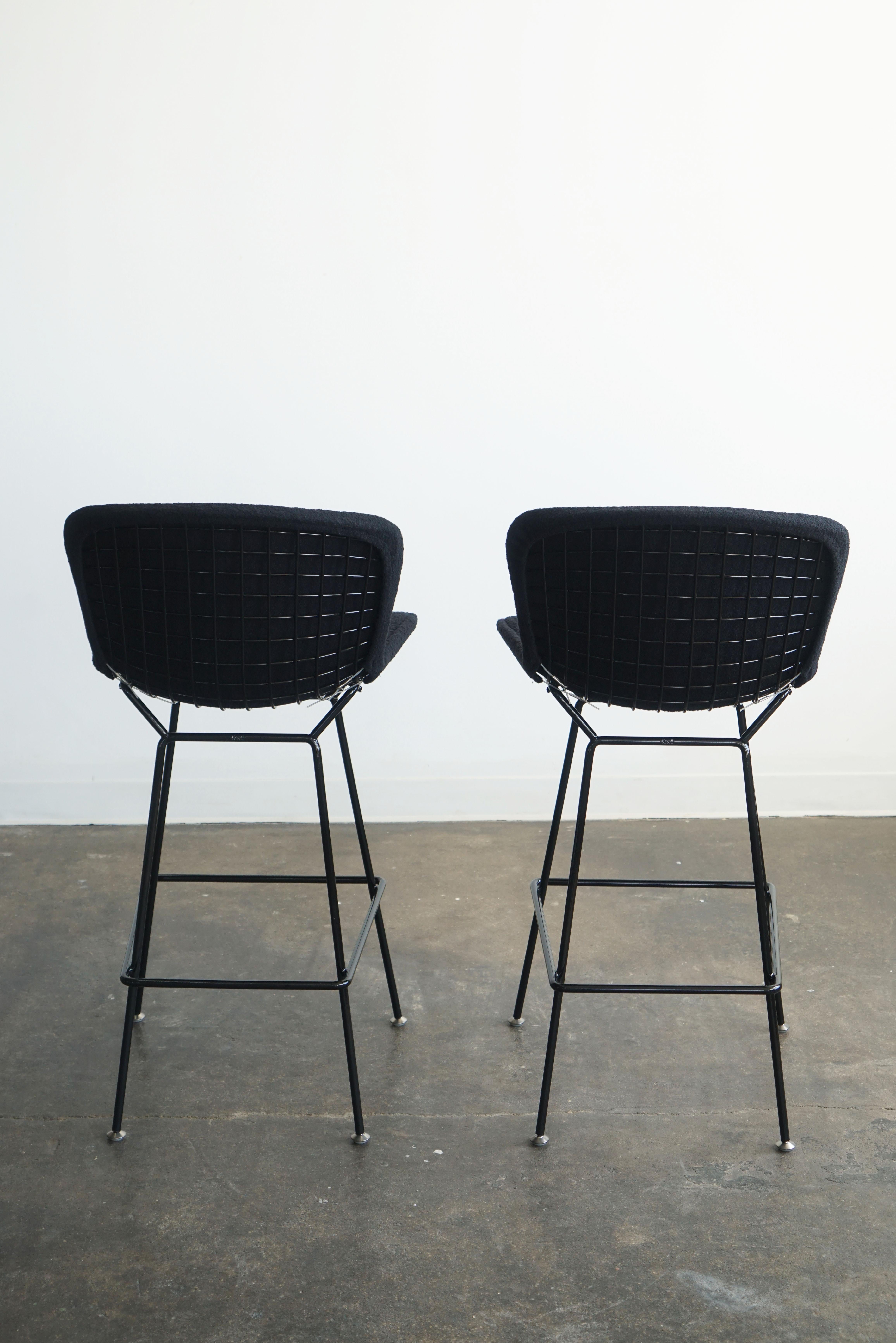New Knoll Bertoia bar stools in black frame with upholstered black boucle, pair  In New Condition In Chicago, IL