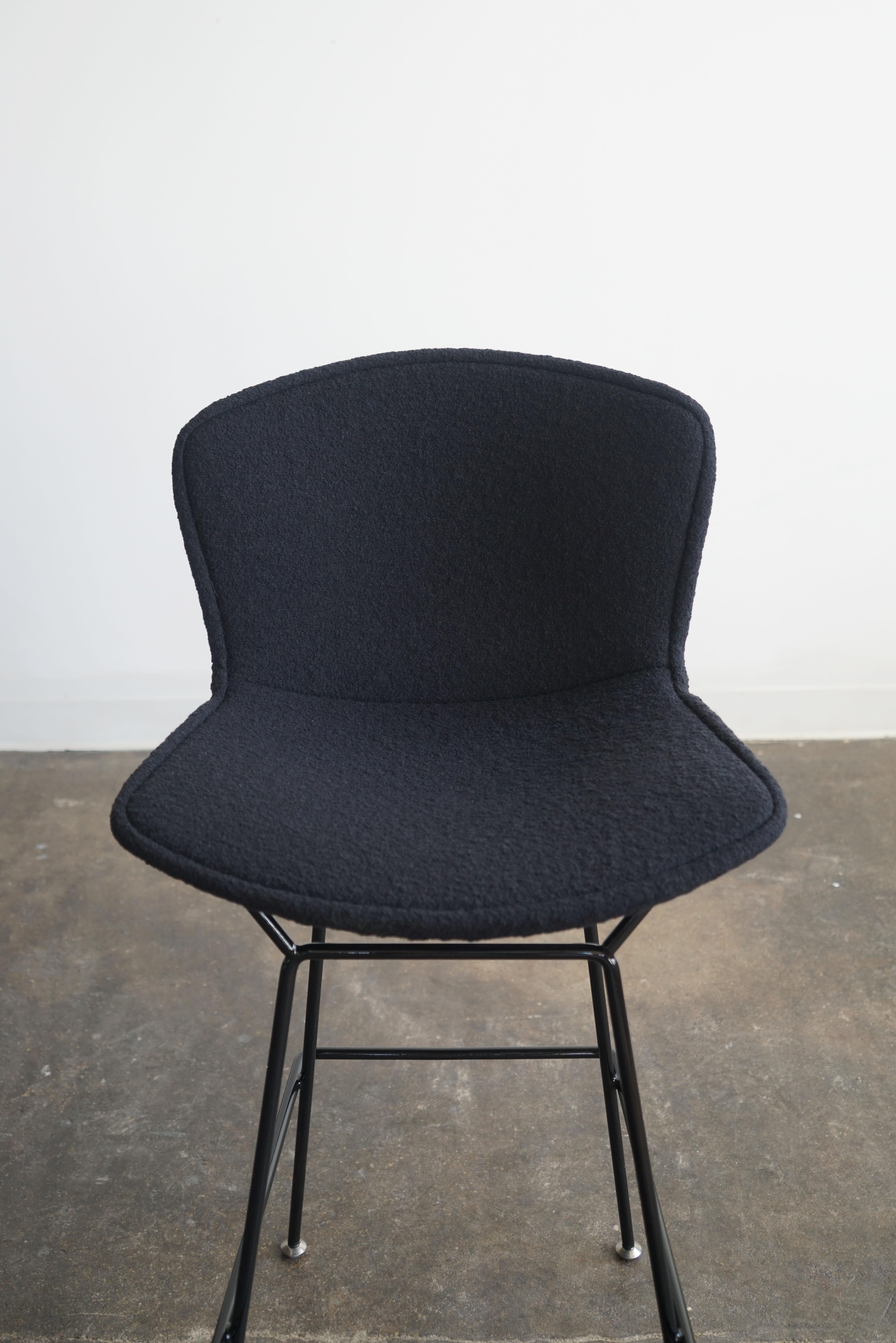 New Knoll Bertoia bar stools in black frame with upholstered black boucle, pair  1