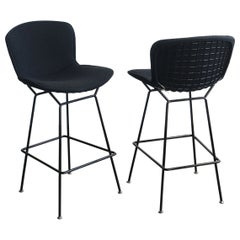 New Knoll Bertoia bar stools in black frame with upholstered black boucle, pair