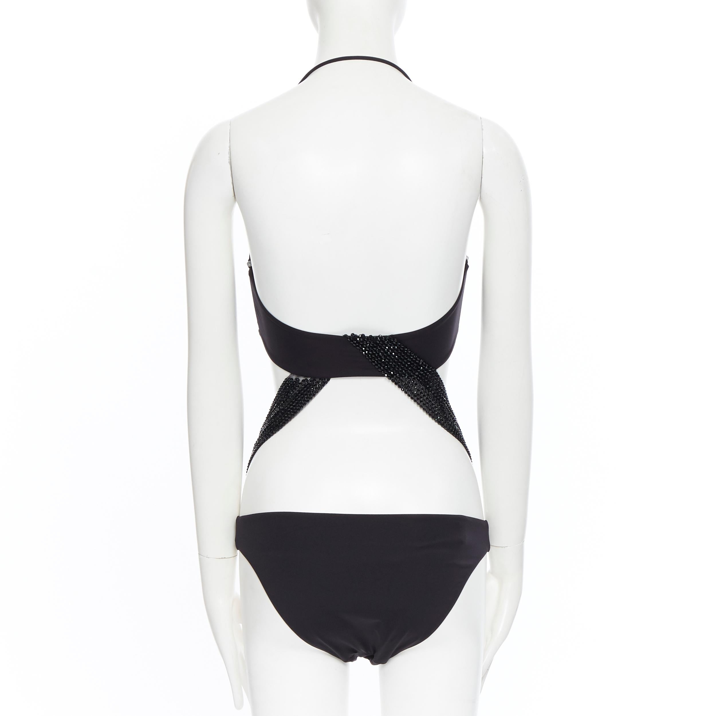 Women's new LA PERLA black bandeau bead embellished strap cut out monokini swim IT44B