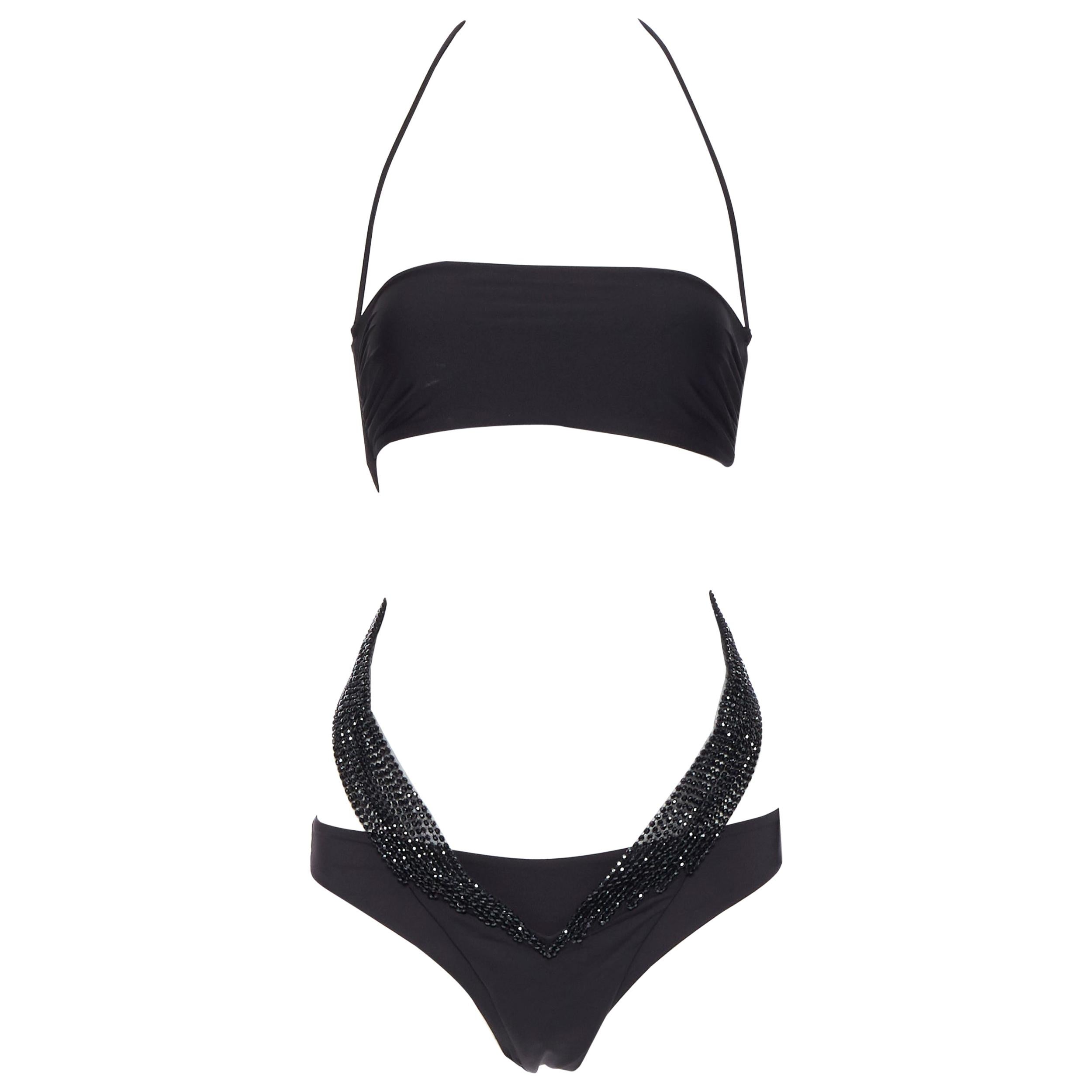 new LA PERLA black bandeau bead embellished strap cut out monokini swim IT44B