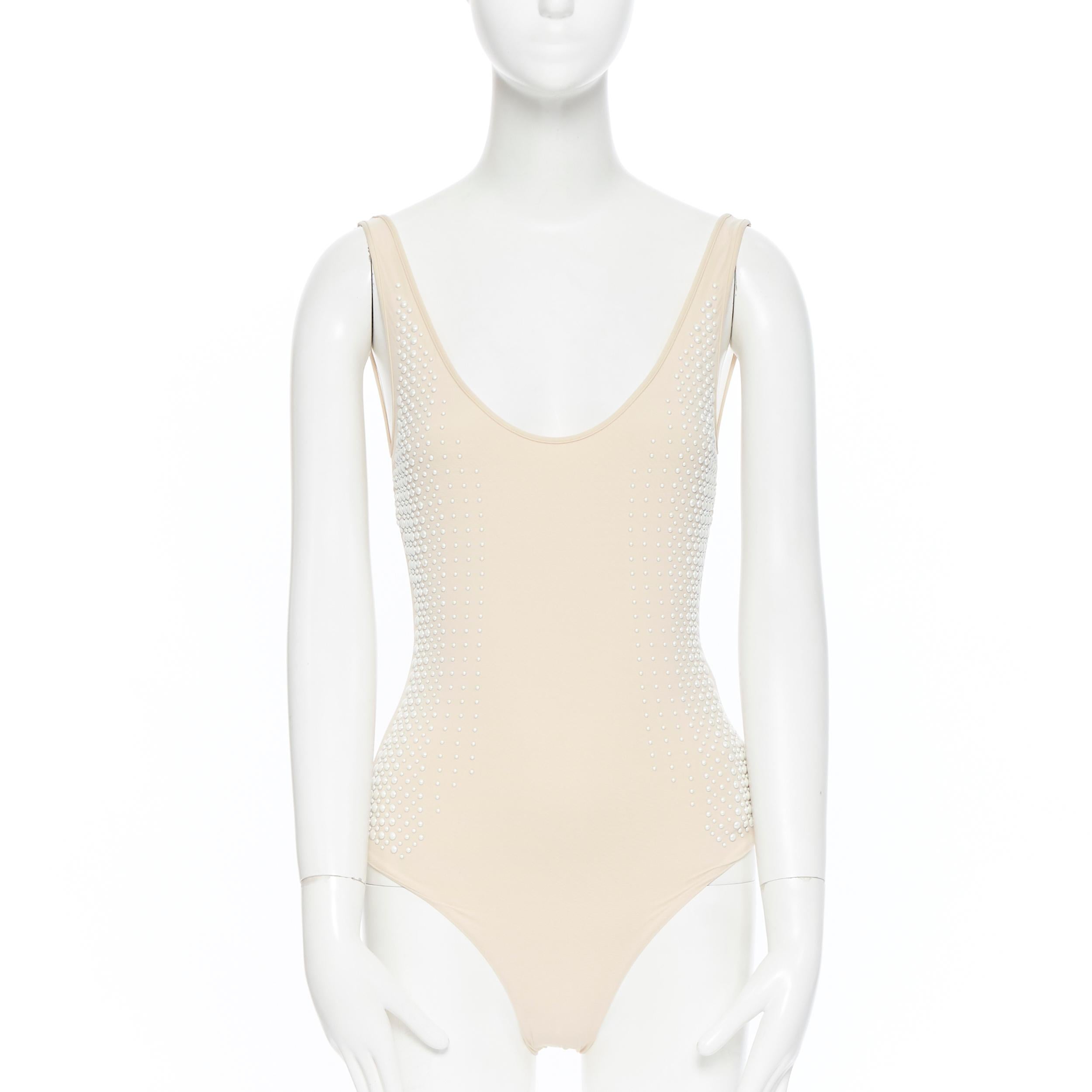 new LA PERLA cream nude white pearl bead embellished mesh monokini IT42B S