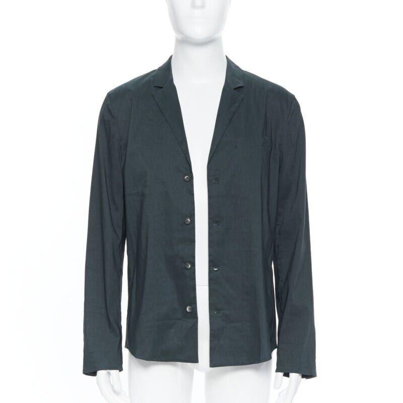 Black new LA PERLA dark green linen blend notched collar button front pyjama shirt XL For Sale