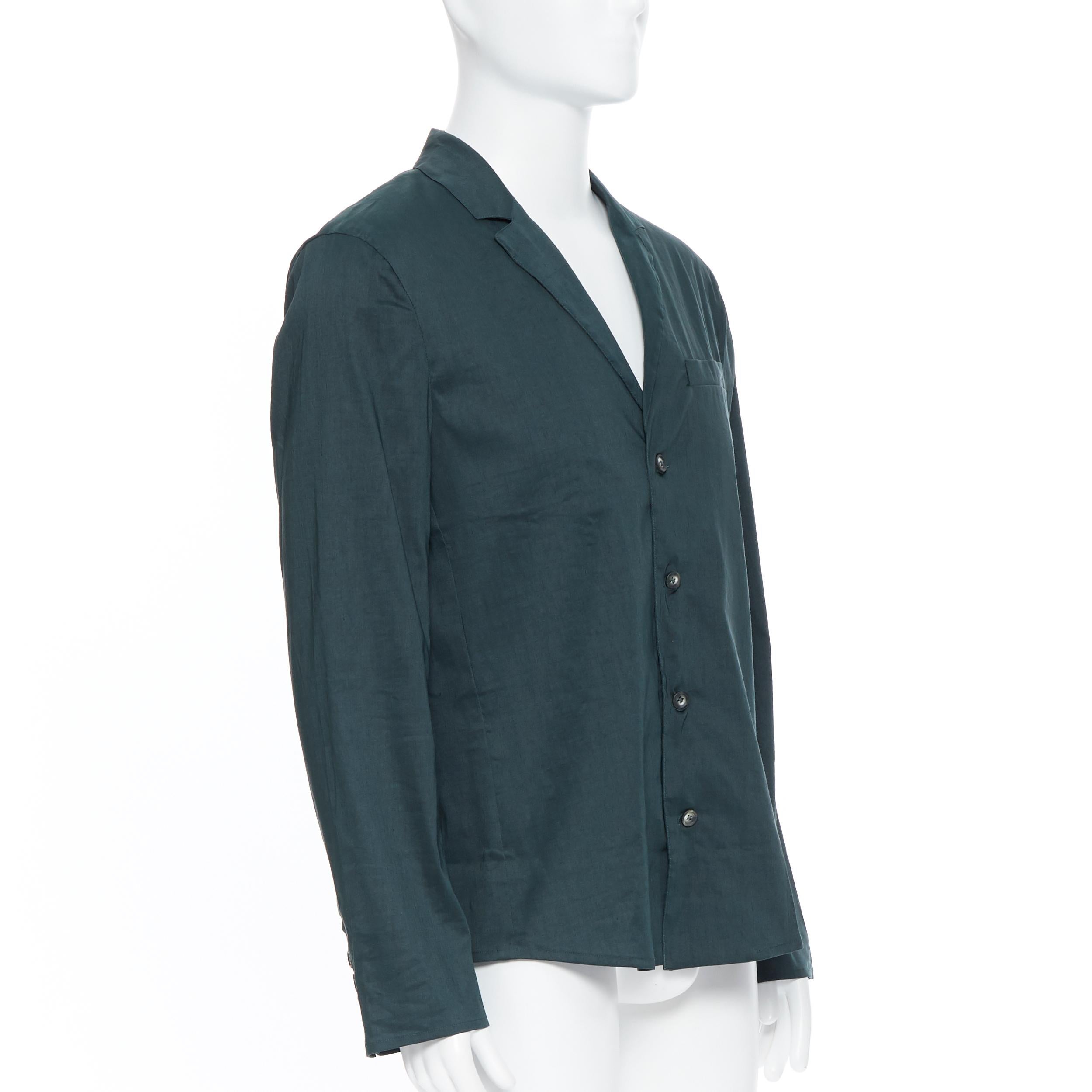 new LA PERLA dark green linen blend notched collar button front pyjama shirt XL In New Condition In Hong Kong, NT