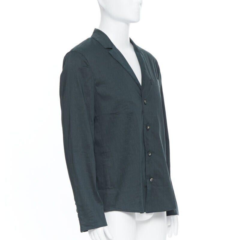 Women's new LA PERLA dark green linen blend notched collar button front pyjama shirt XL For Sale