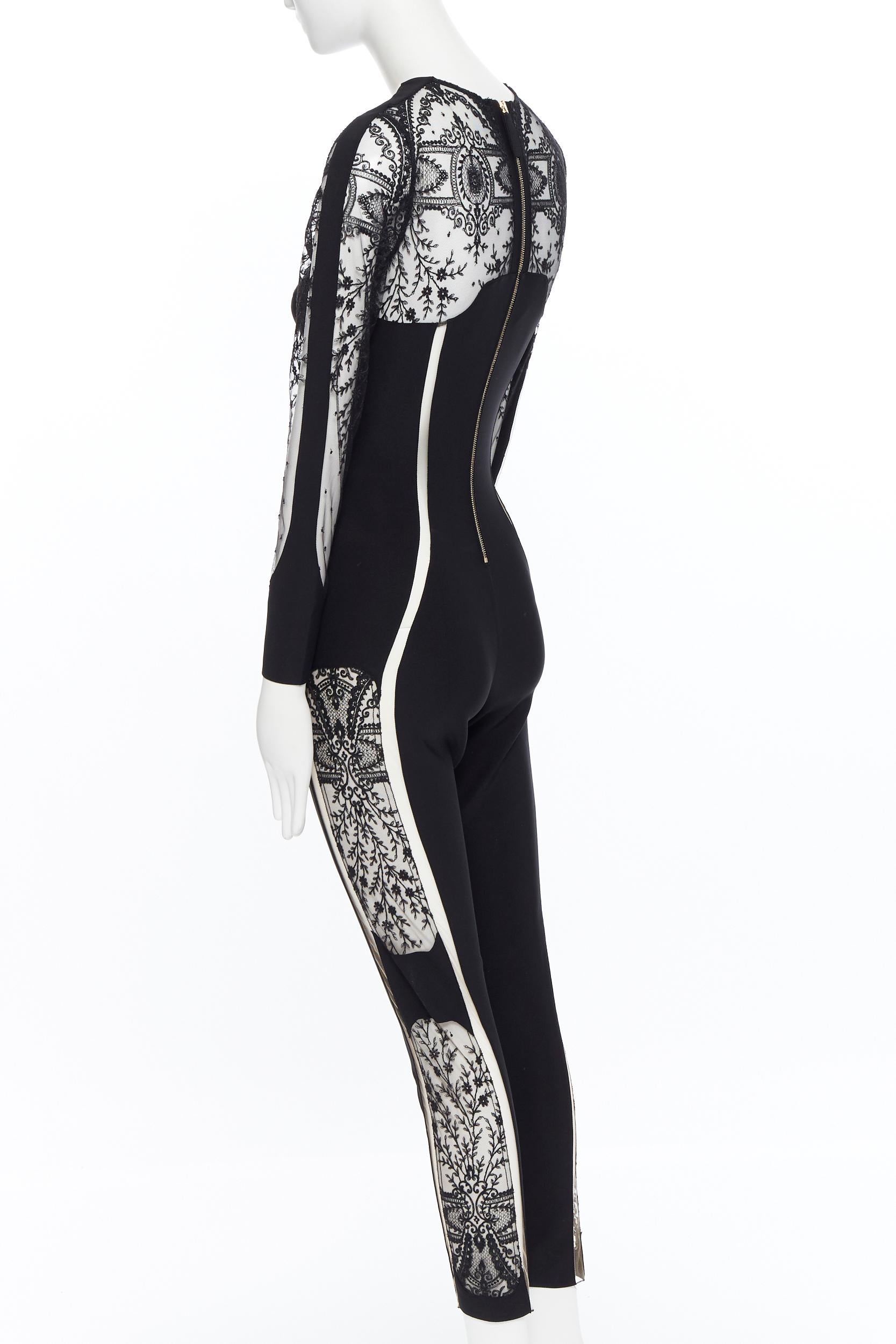 Black new LA PERLA Desire black neoprene floral lace long sleeve bodycon jumpsuit M