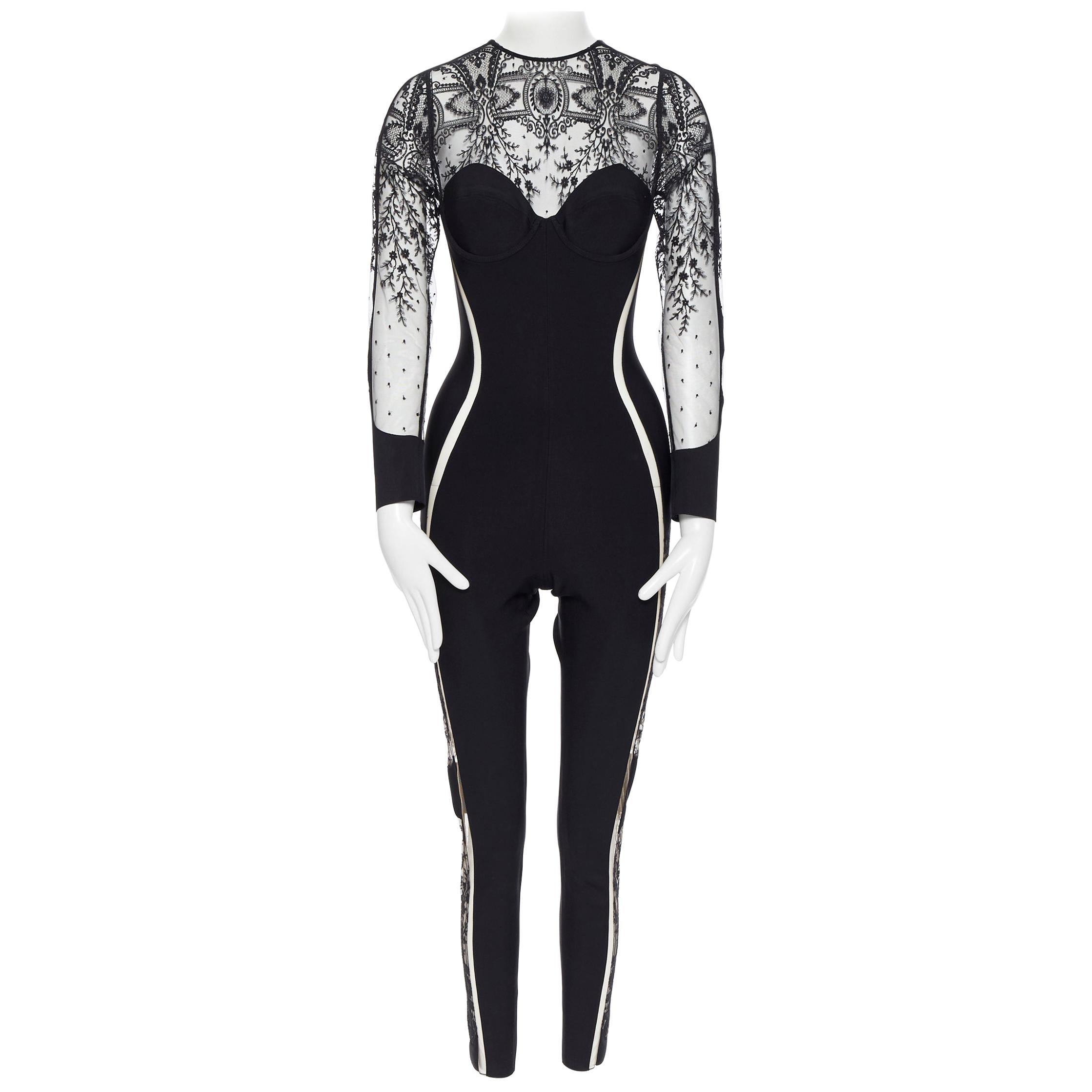 new LA PERLA Desire black neoprene floral lace long sleeve bodycon jumpsuit M