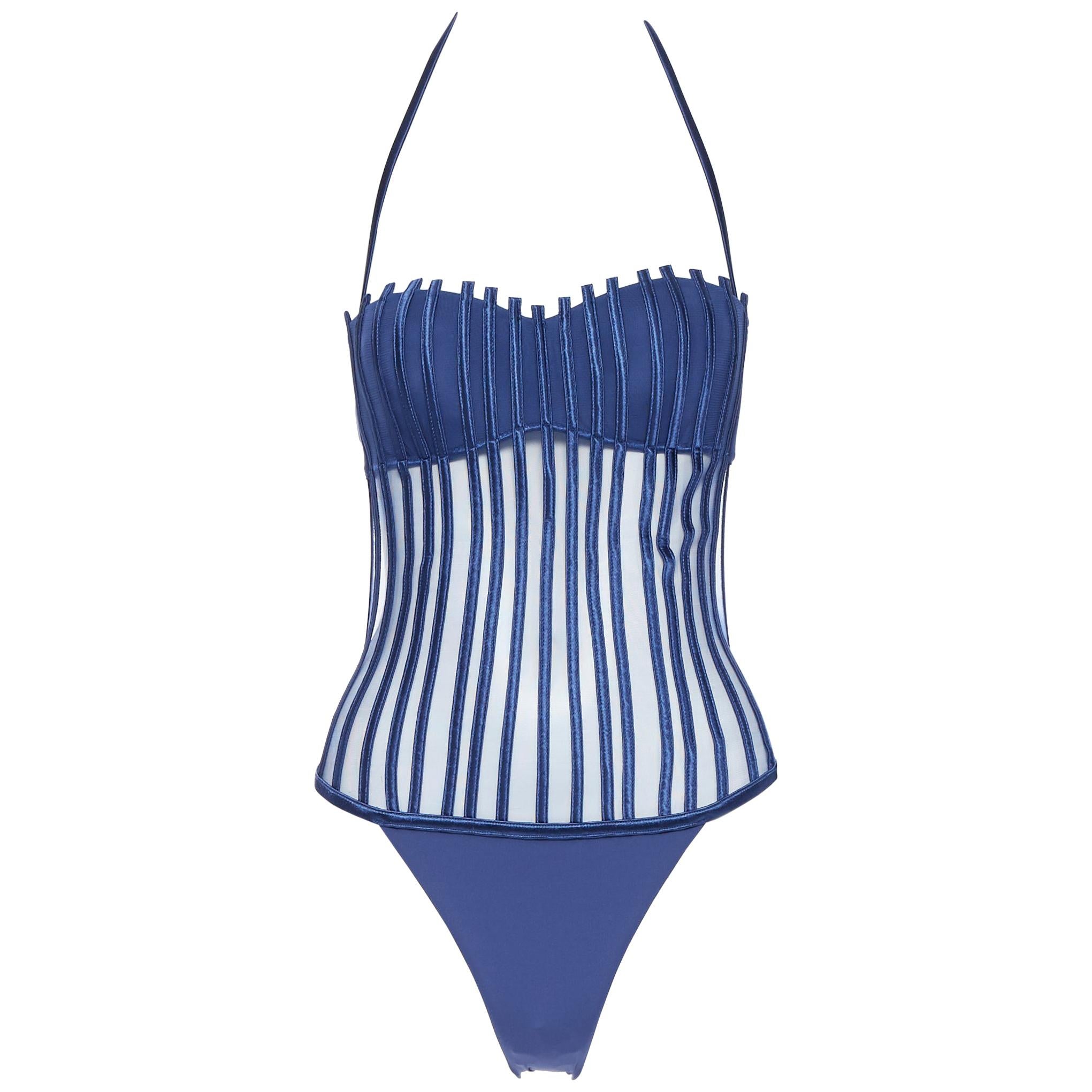 new LA PERLA Graphique Couture navy boned sheer corset monokini swimsuit IT44B M