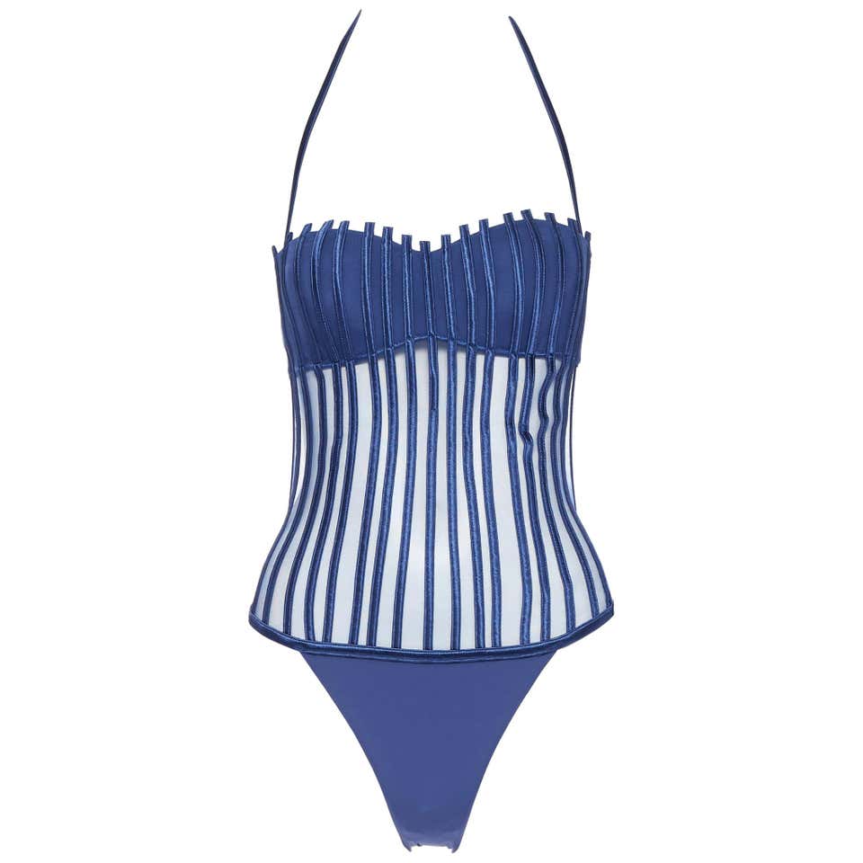 new LA PERLA Graphique Couture navy boned sheer corset monokini ...