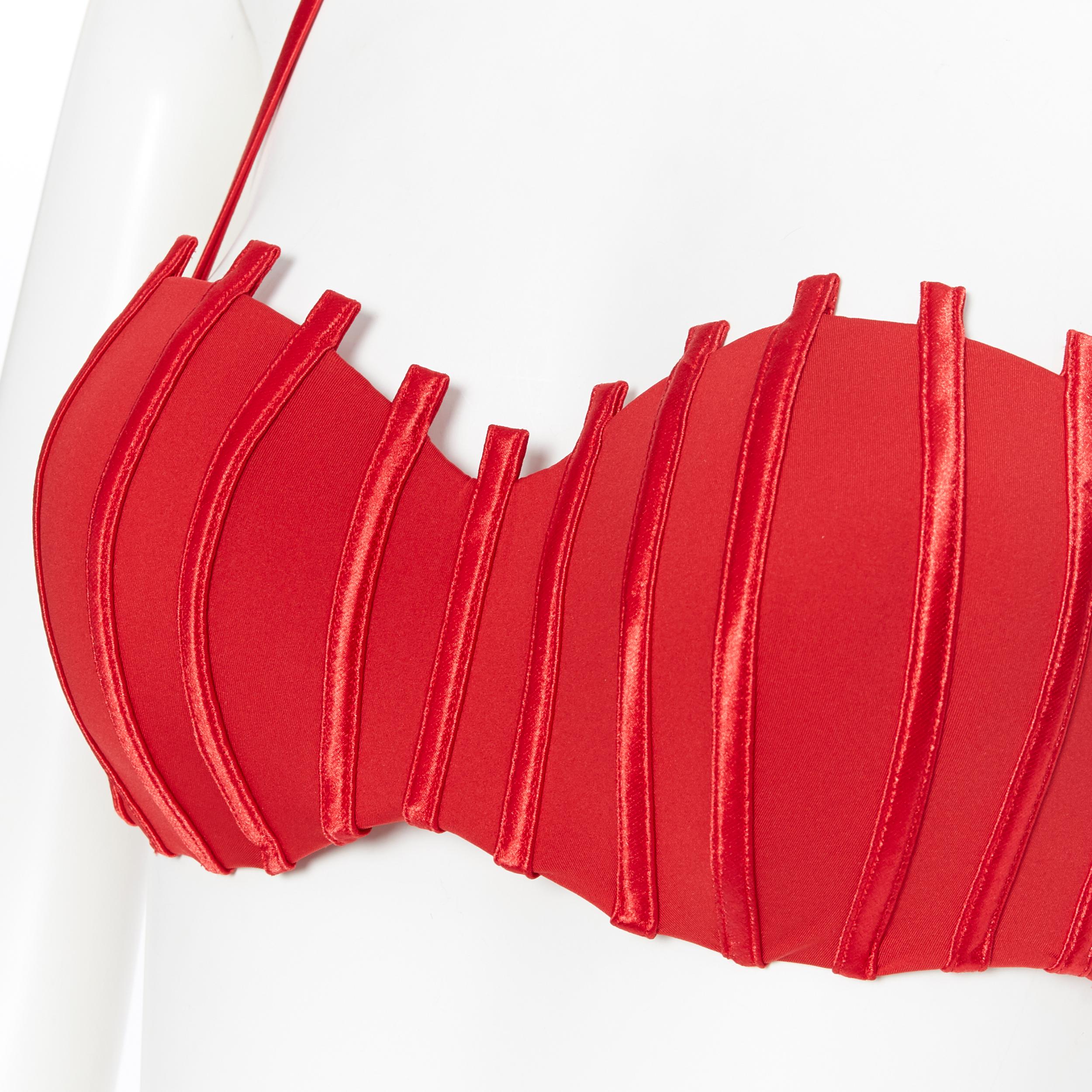new LA PERLA Graphique Couture red boned sheer body 2-pc bikini swimsuit IT44B M 
Reference: TGAS/A03830 
Brand: La Perla 
Material: Polyamide 
Color: Red 
Pattern: Solid 
Closure: Buckle 
Extra Detail: Graphic Couture bikini. Red. Corset boning
