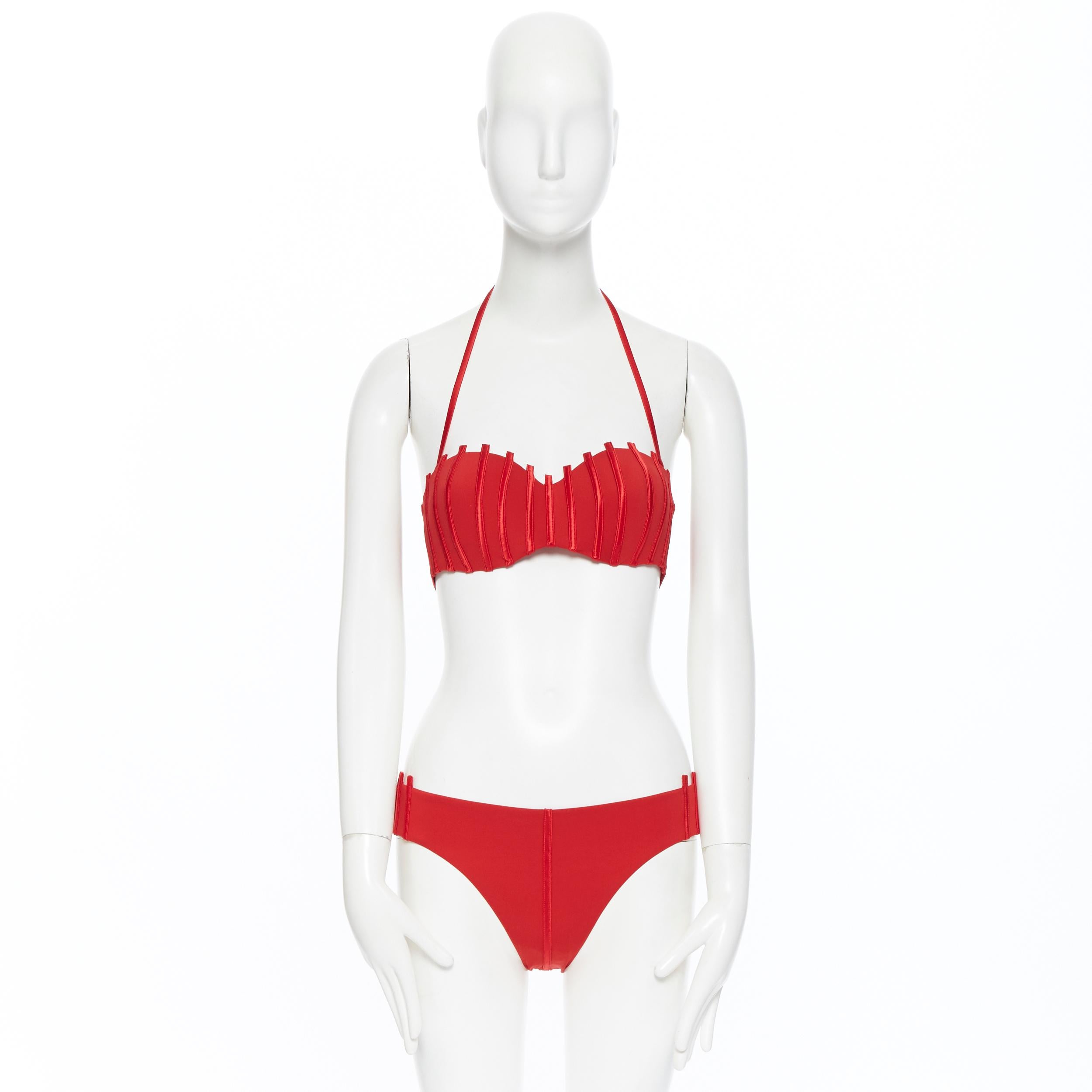 Gray new LA PERLA Graphique Couture red boned sheer body 2-pc bikini swimsuit IT44B M