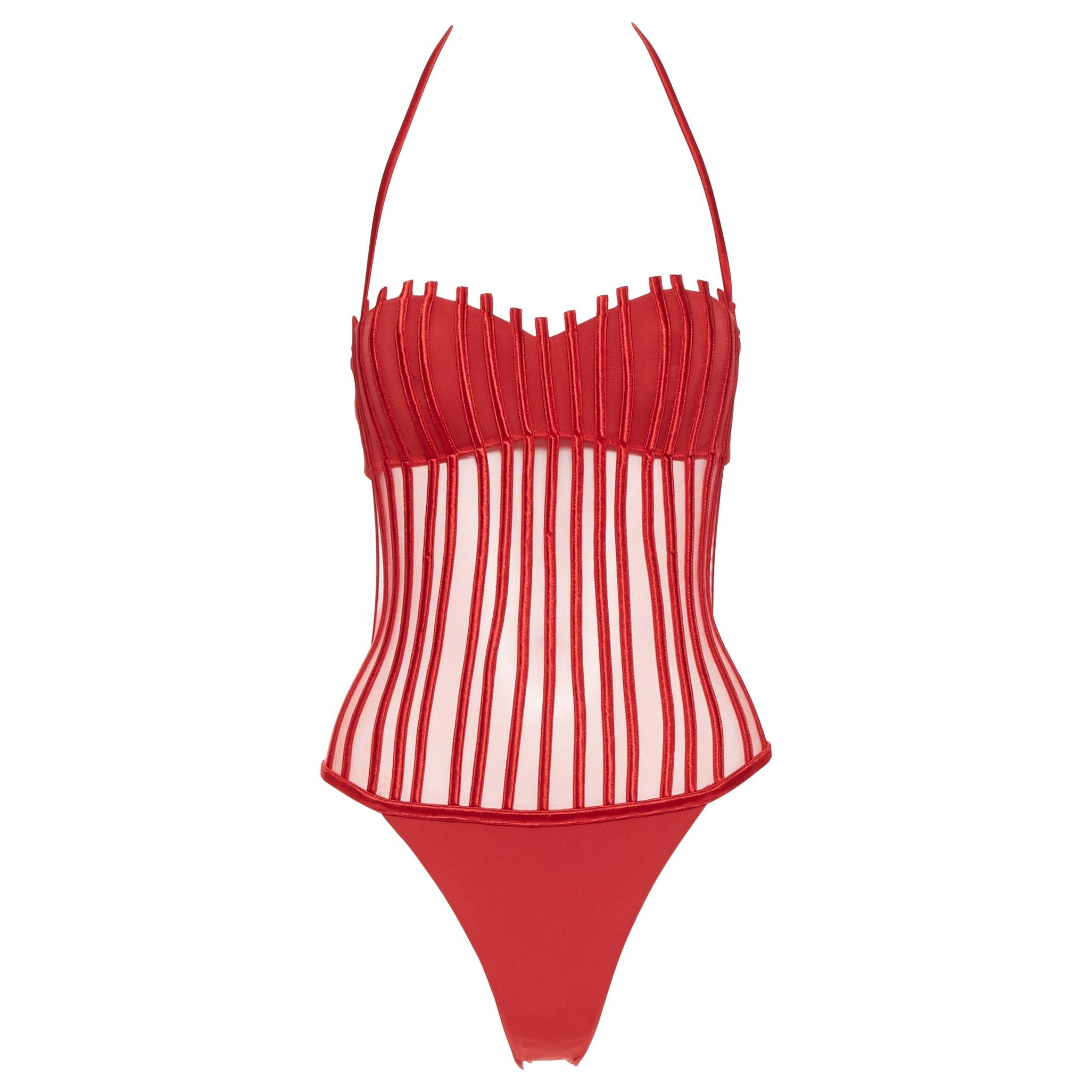 new LA PERLA Graphique Couture red boned sheer body monokini swimsuit IT42B S