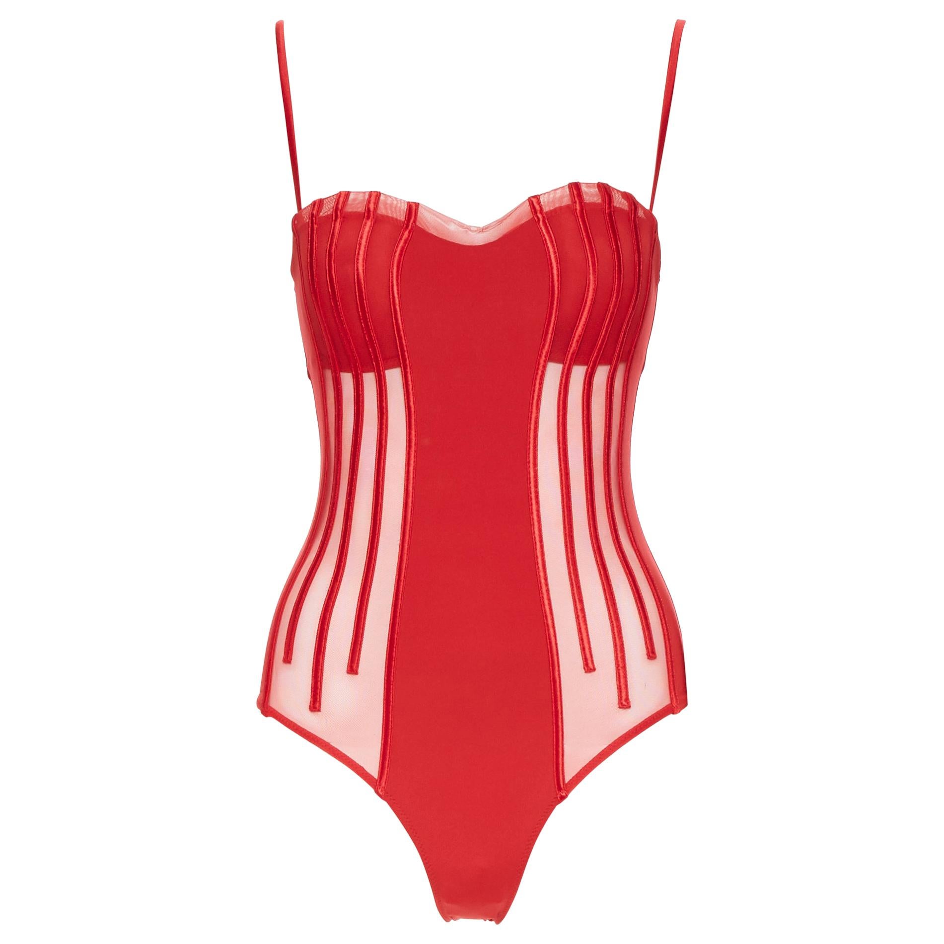 new LA PERLA Graphique Couture red boned sheer body monokini swimsuit IT44A M