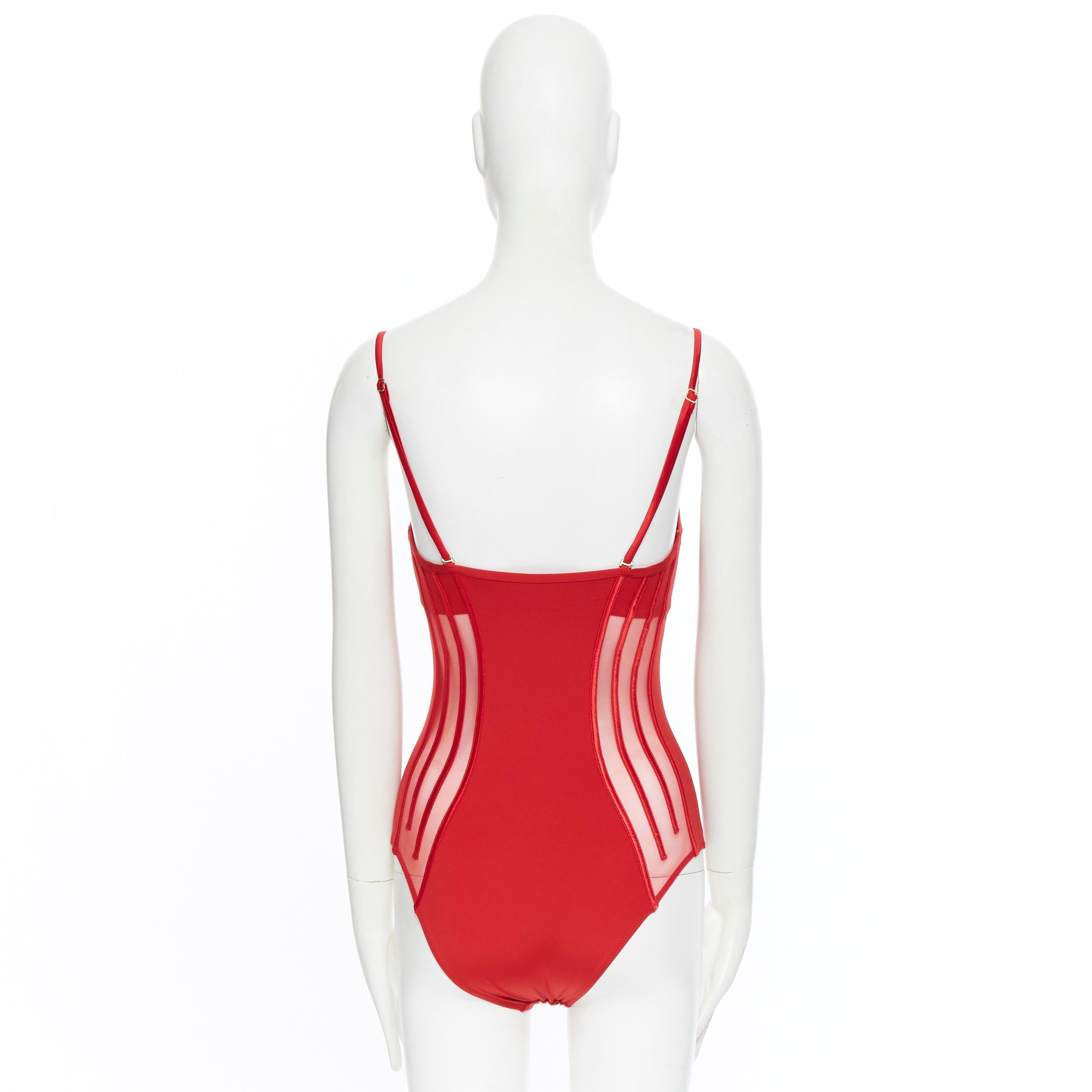 Women's new LA PERLA Graphique Couture red boned sheer body monokini swimsuit IT44B M