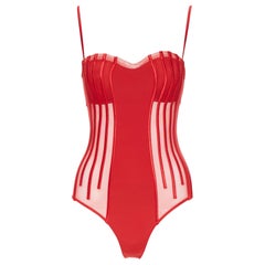 new LA PERLA Graphique Couture red boned sheer body monokini swimsuit IT44B M