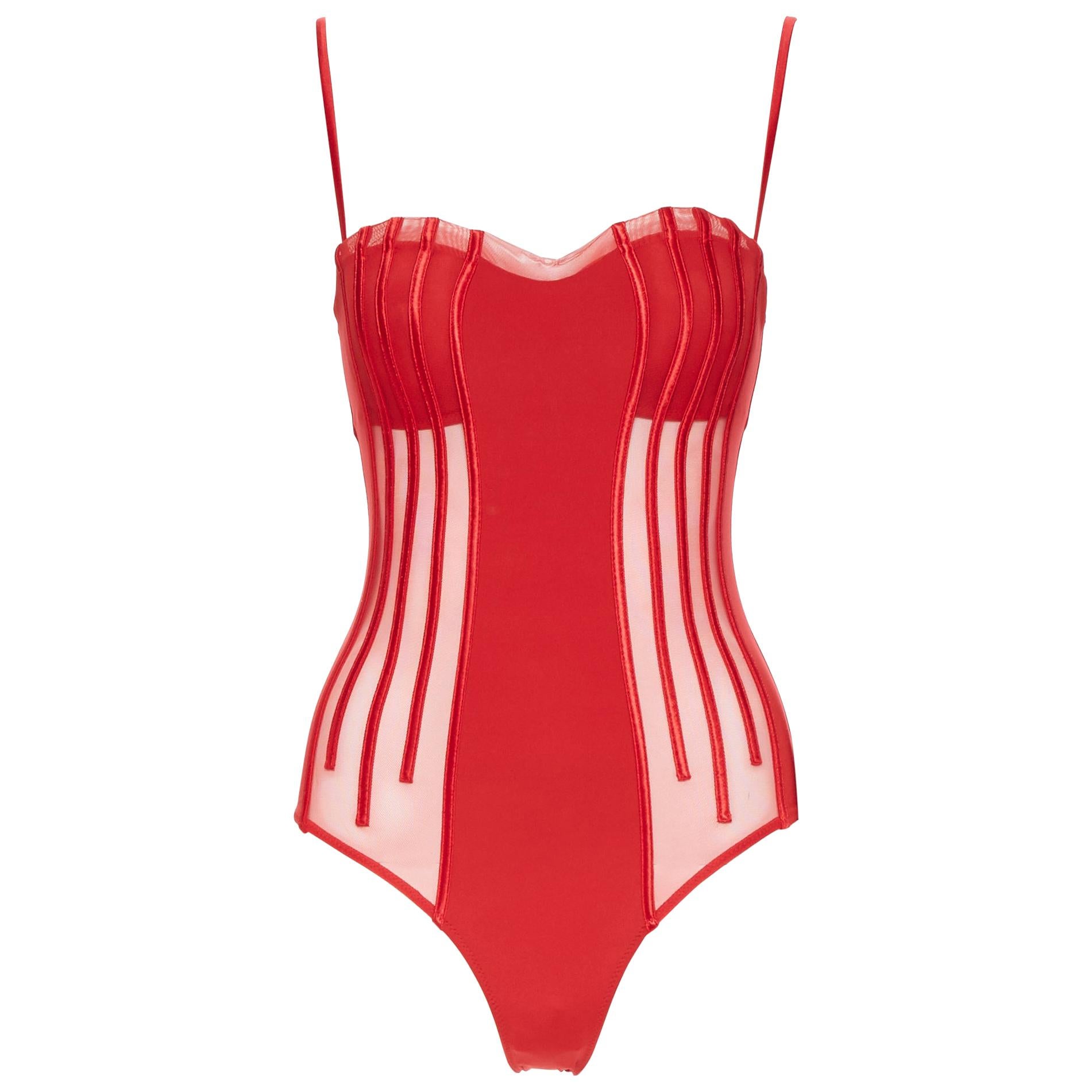 new LA PERLA Graphique Couture red boned sheer body monokini swimsuit IT44B M