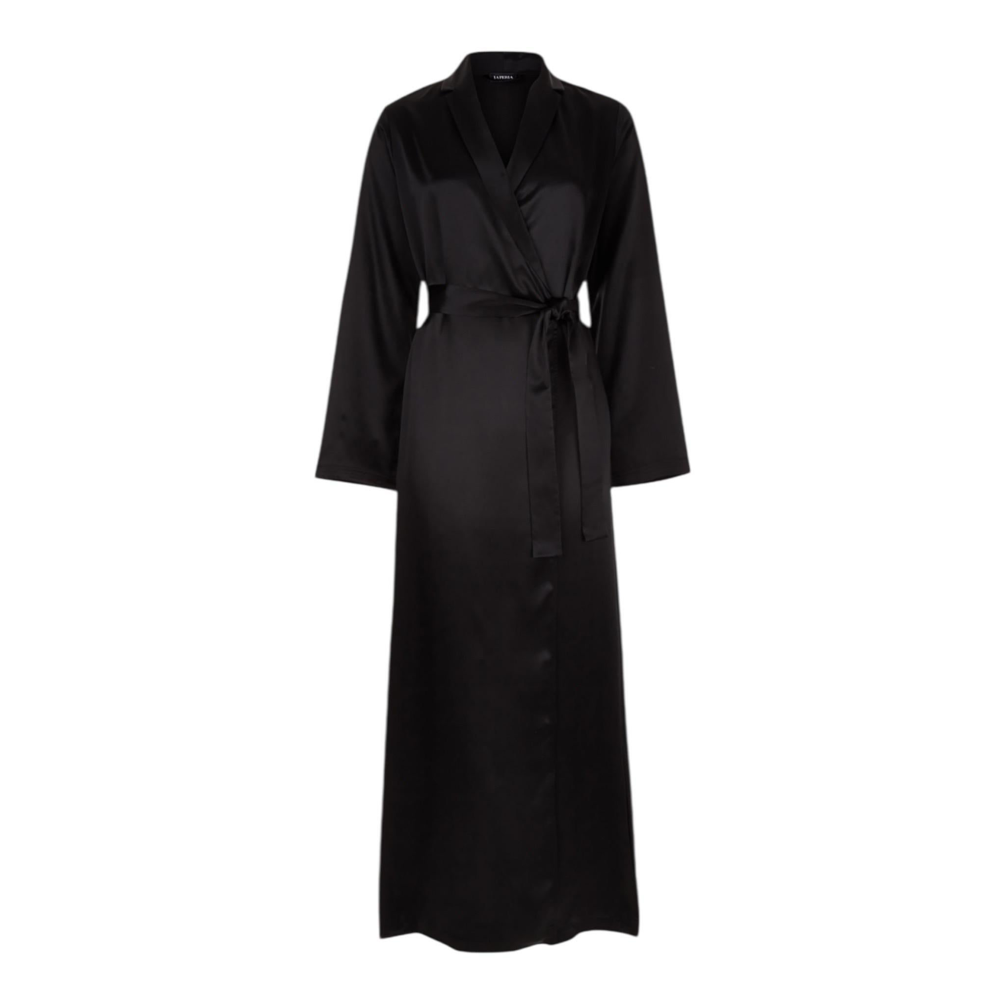 NEW La Perla Long Black Silk Robe with Belt M in vendita