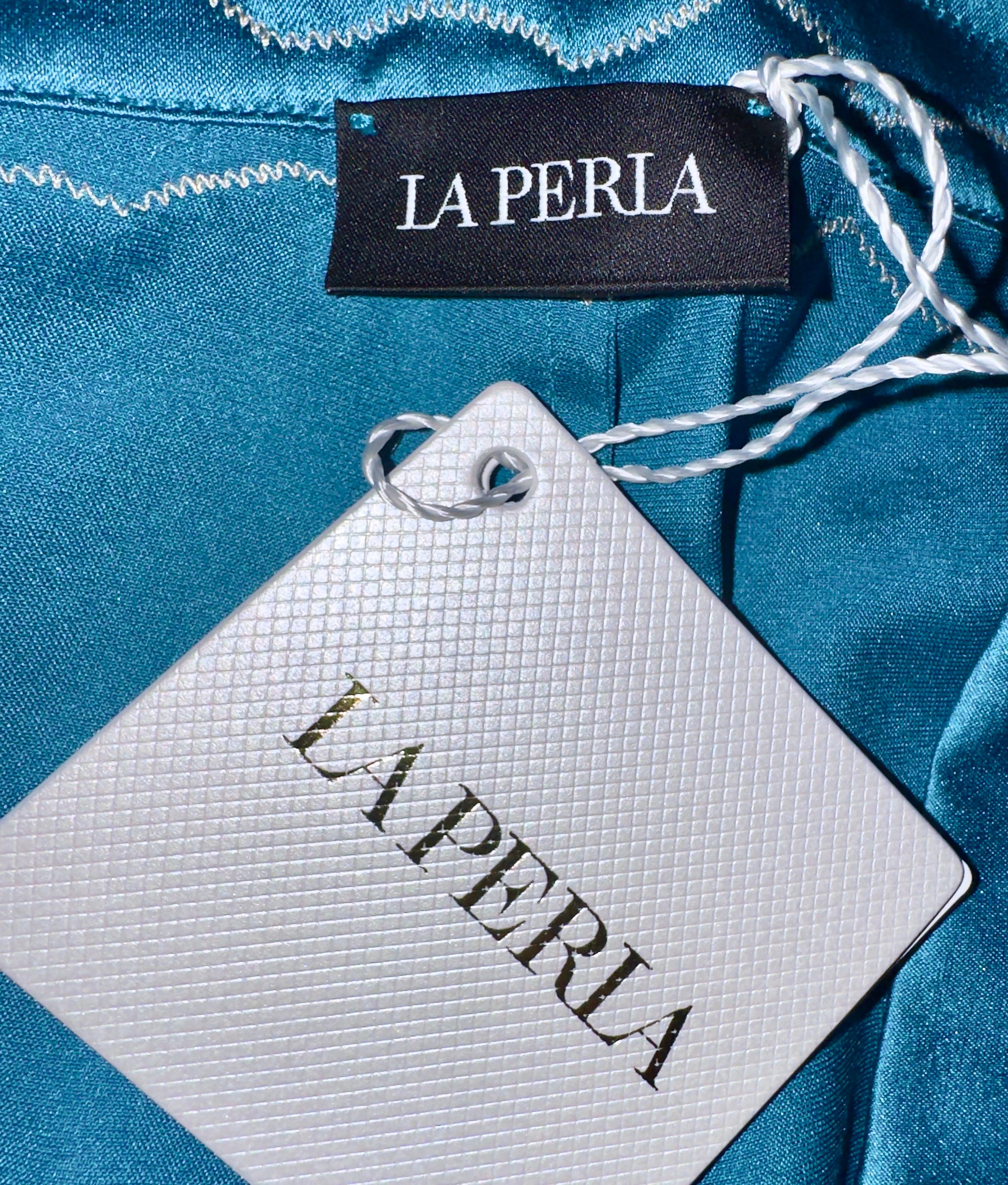 NUOVO LA PERLA Maison Pantaloni in seta turchese con ricamo a frastaglio 8 in vendita 6