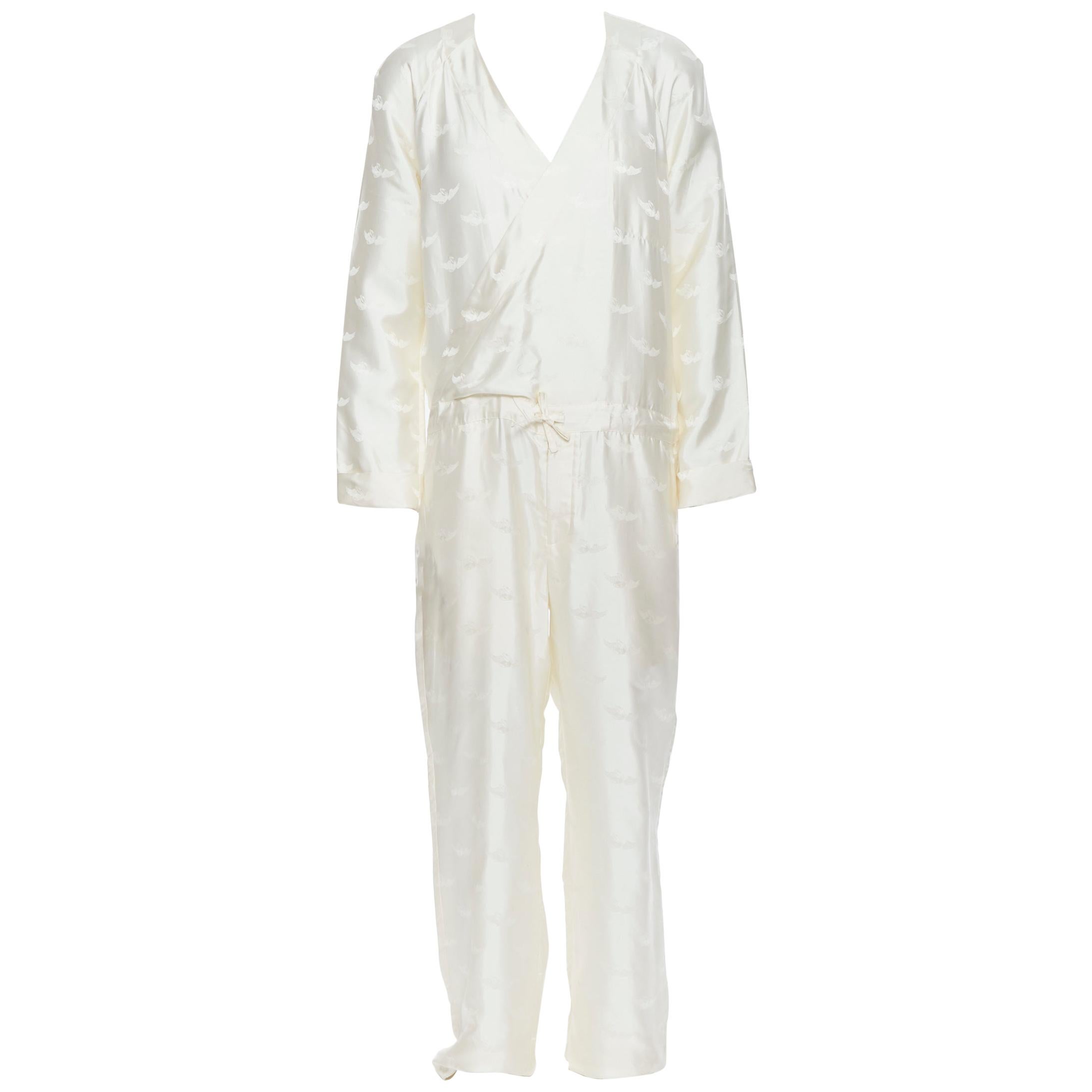 new LA PERLA MENSWEAR 100% silk cream beige winged jacquard V-neck jumpsuit M