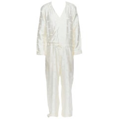 new LA PERLA MENSWEAR 100% silk cream beige winged jacquard V-neck jumpsuit M