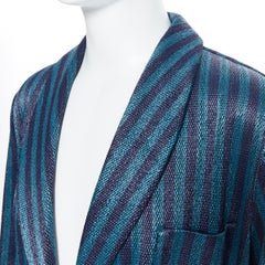 new LA PERLA MENSWEAR blue stripe lacquered raffia weave belted robe coat L rare