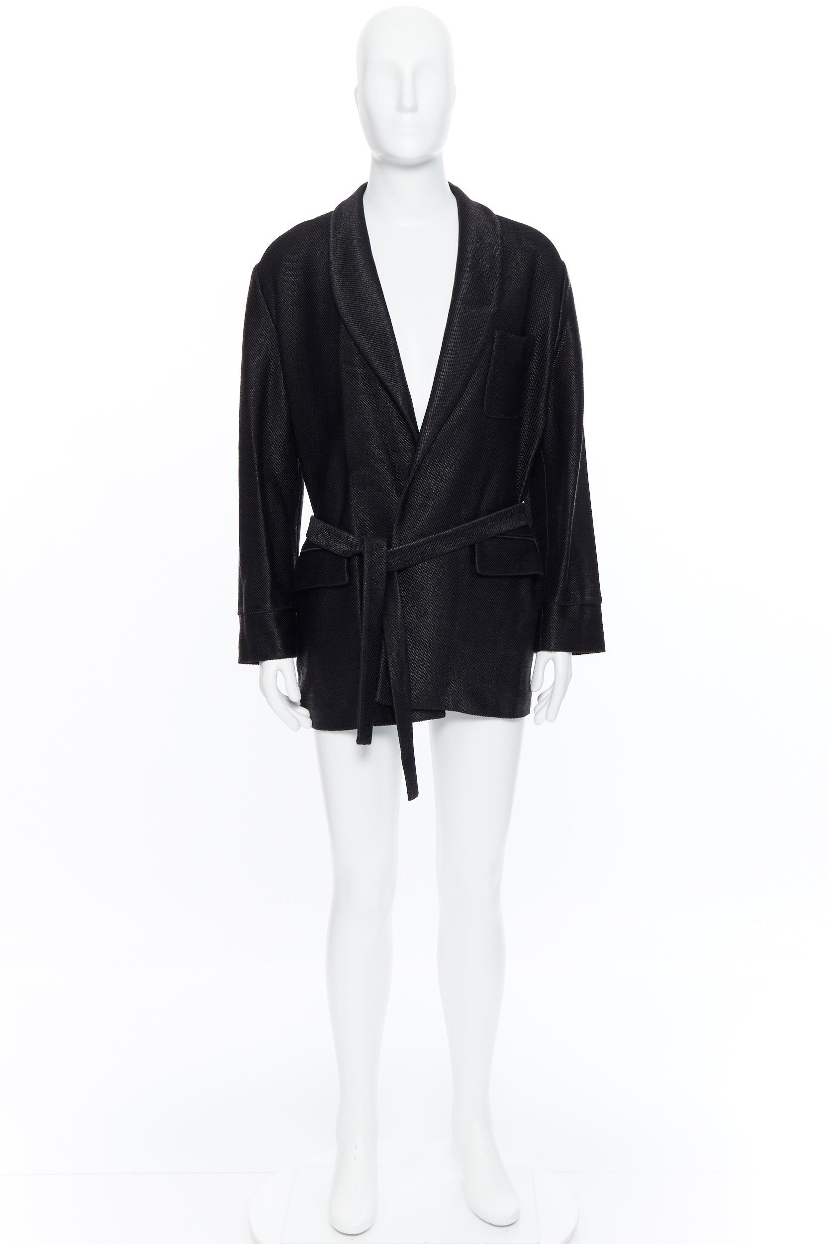 Black new LA PERLA MENSWEAR Runway black lacquered raffia weave belted robe coat L