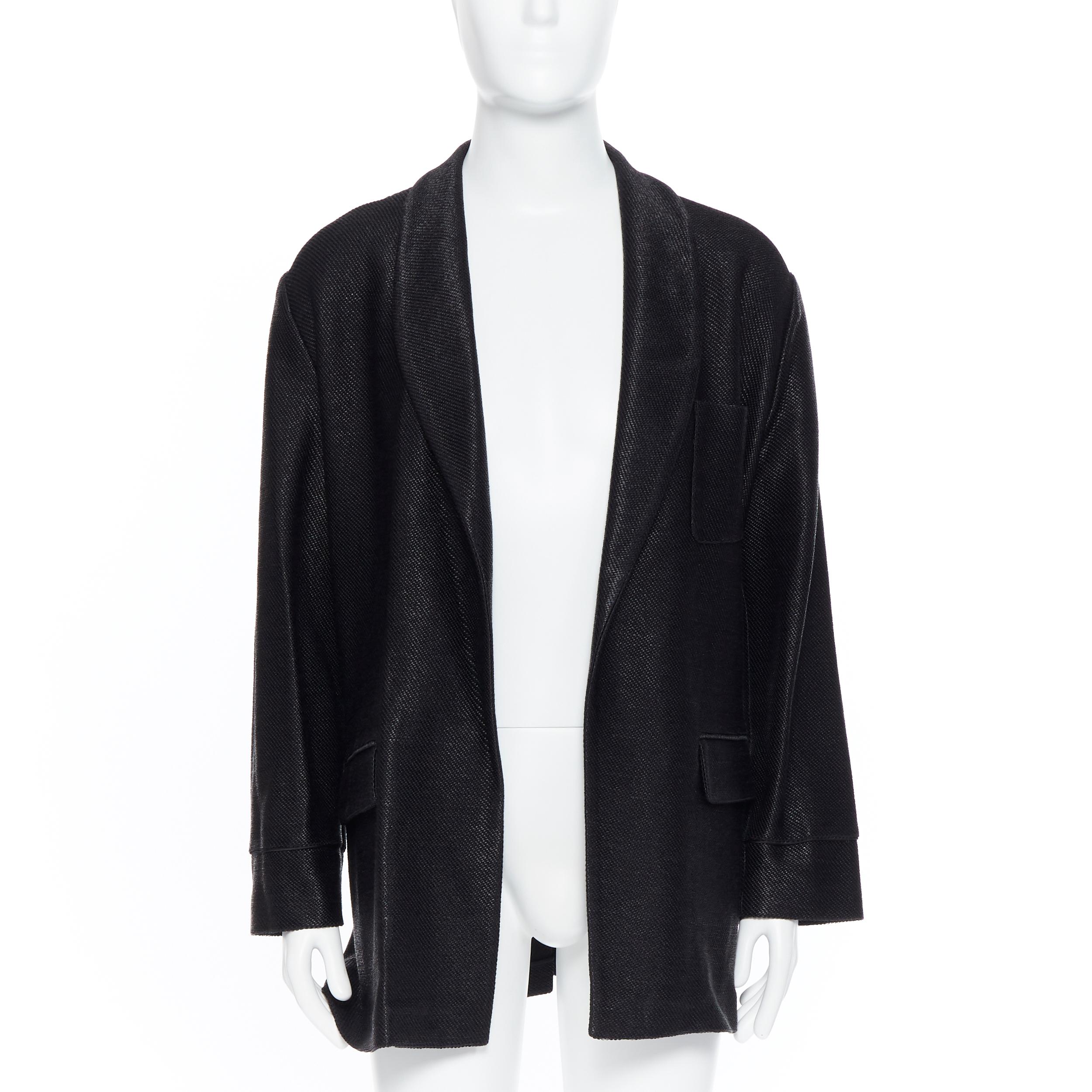 new LA PERLA MENSWEAR Runway black lacquered raffia weave belted robe coat L In Excellent Condition In Hong Kong, NT