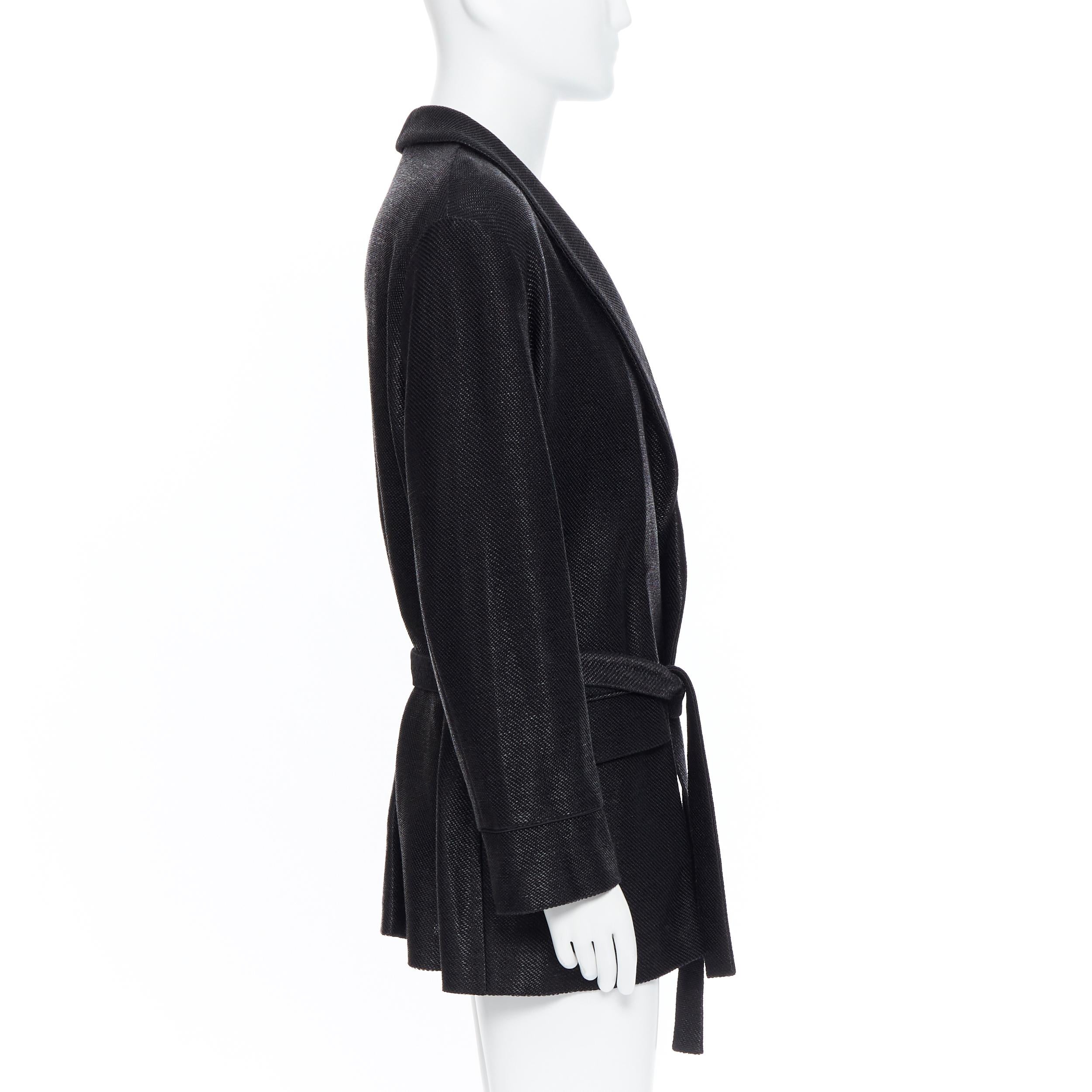 new LA PERLA MENSWEAR Runway black lacquered raffia weave belted robe coat L 1