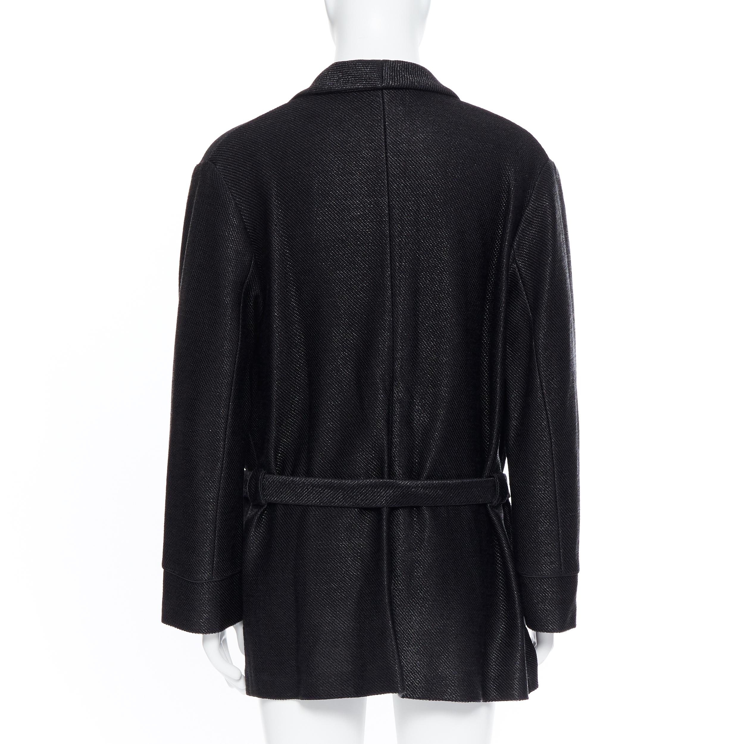 new LA PERLA MENSWEAR Runway black lacquered raffia weave belted robe coat L 2
