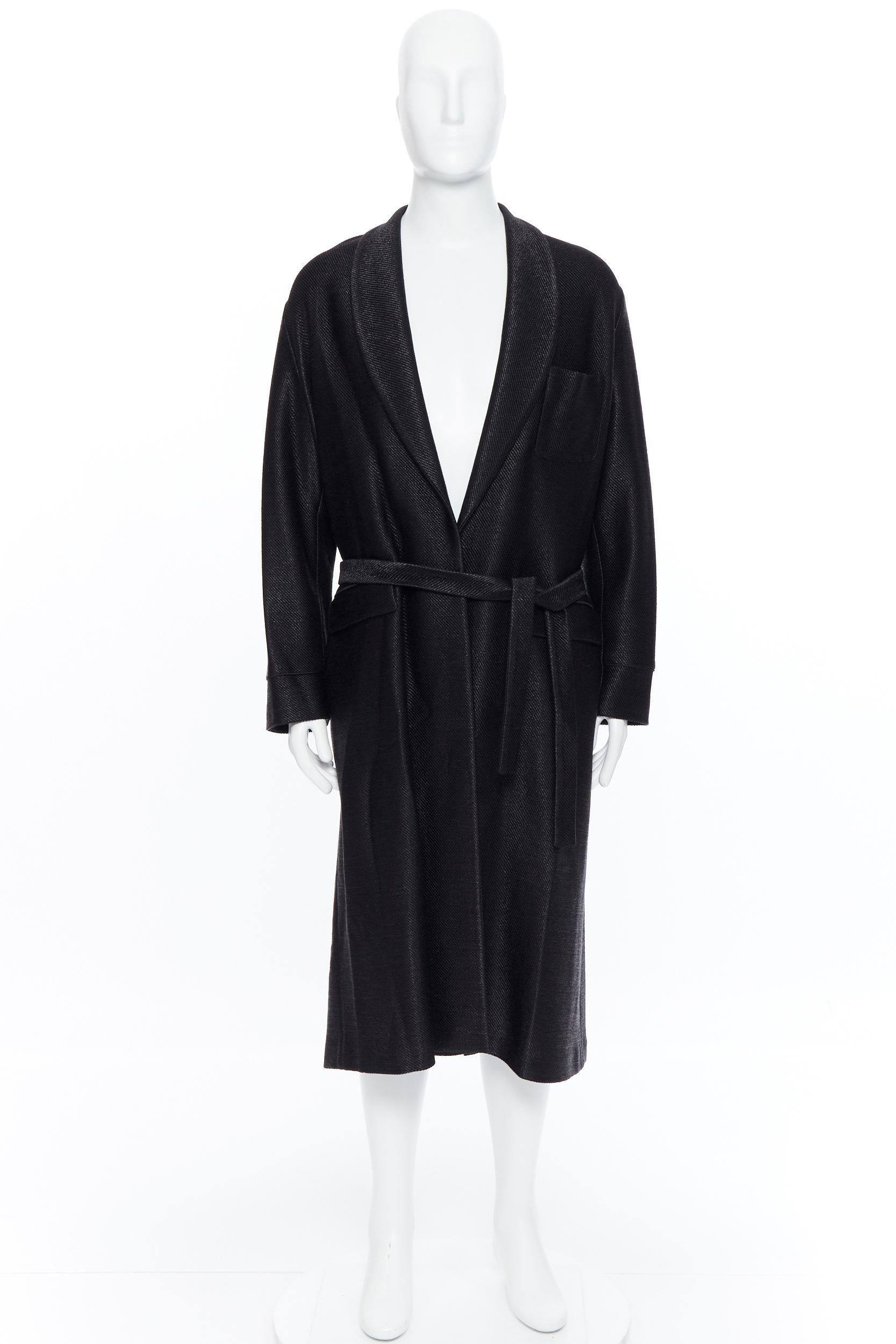 Black new LA PERLA MENSWEAR Runway black lacquered raffia weave belted robe coat M