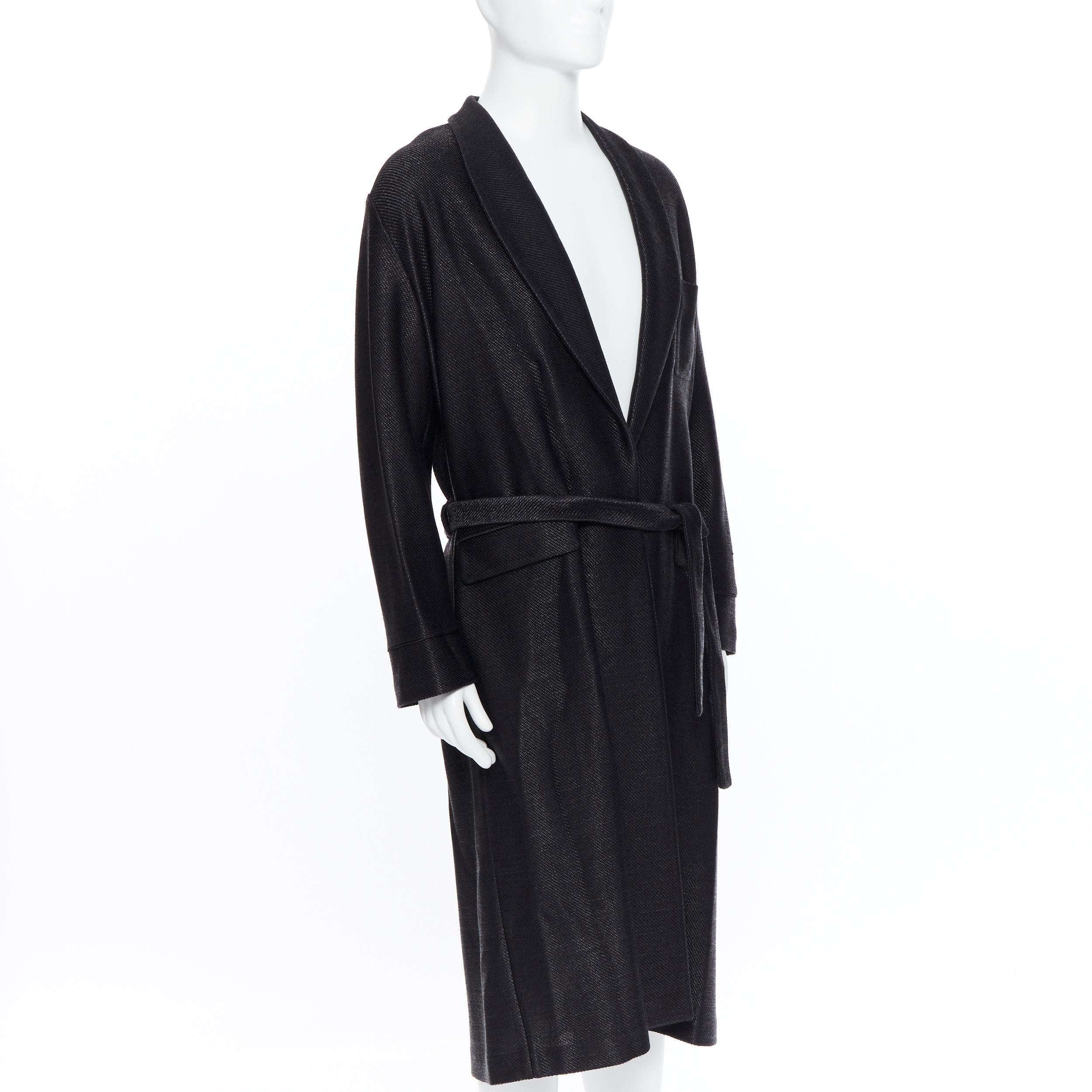 new LA PERLA MENSWEAR Runway black lacquered raffia weave belted robe coat M In Excellent Condition In Hong Kong, NT