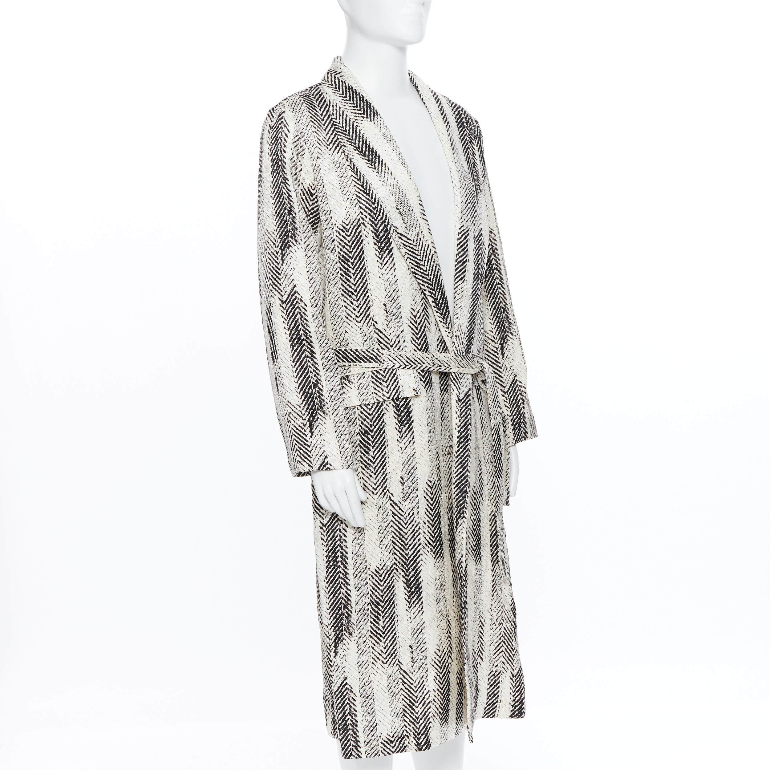 Gray new LA PERLA MENSWEAR Runway black white wool silk jacquard belted robe coat L
