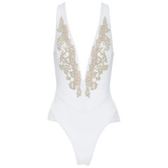 new LA PERLA white gold sequins nude mesh insert plunge neck monokini IT44B M