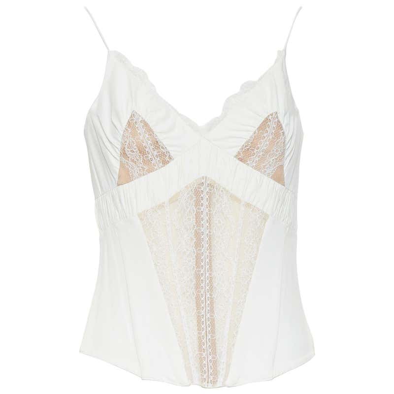 new LA PERLA white lace applique boned corset plunge neck camisole top ...