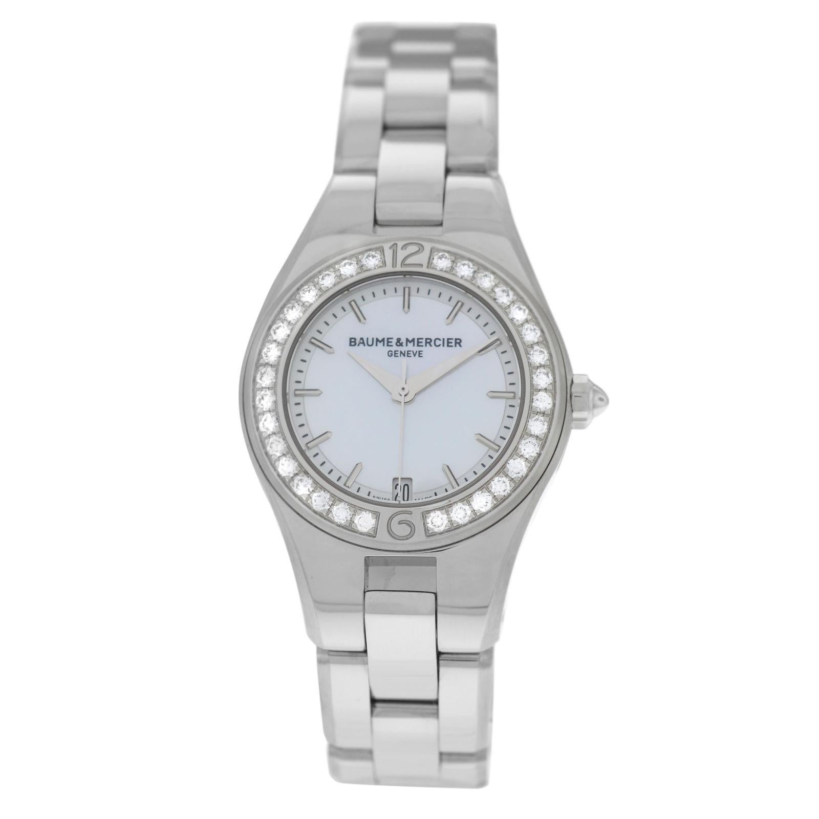 Ladies Baume 
Mercier Linea Steel MOP Diamond 27MM Quartz Watch For Sale