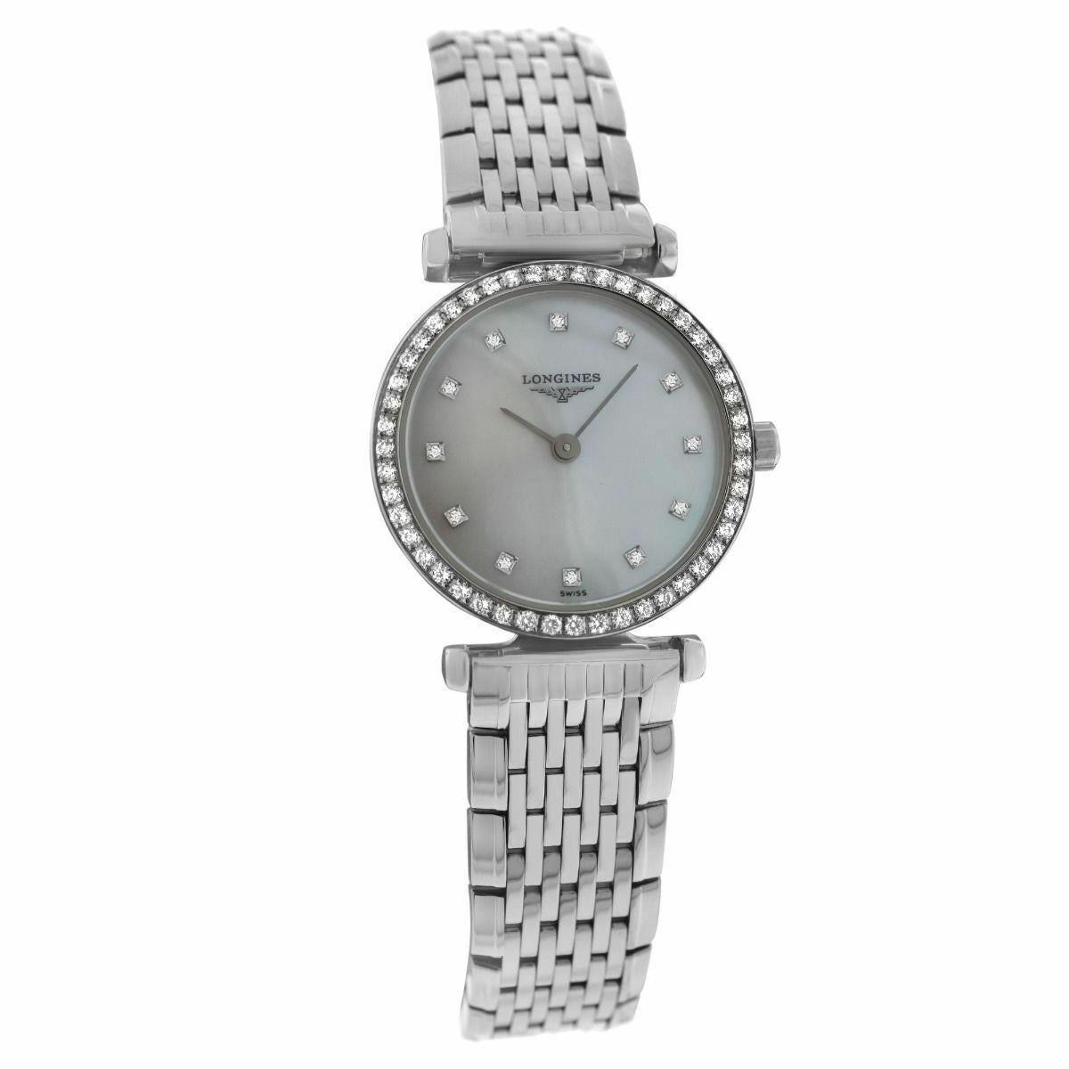 Brand	Longines
Model	La Grande Classique L42410806 or L4.241.0.80.6
Gender	Ladies
Condition	New 
Movement	Quartz
Case Material	Stainless Steel with Diamond Bezel
Bracelet / Strap Material	Stainless Steel 
Clasp / Buckle Material	Stainless
