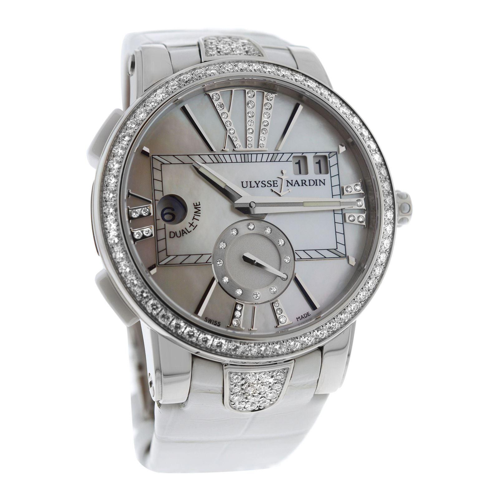 Brand	Ulysse Nardin
Model	Executive Dual Time 243-10B-3C/391
Gender	Ladies
Condition	New store display
Movement	Swiss Automatic
Case Material	Stainless Steel
Bracelet / Strap Material	
Genuine Leather

Clasp / Buckle Material	
Titanium	
Clasp