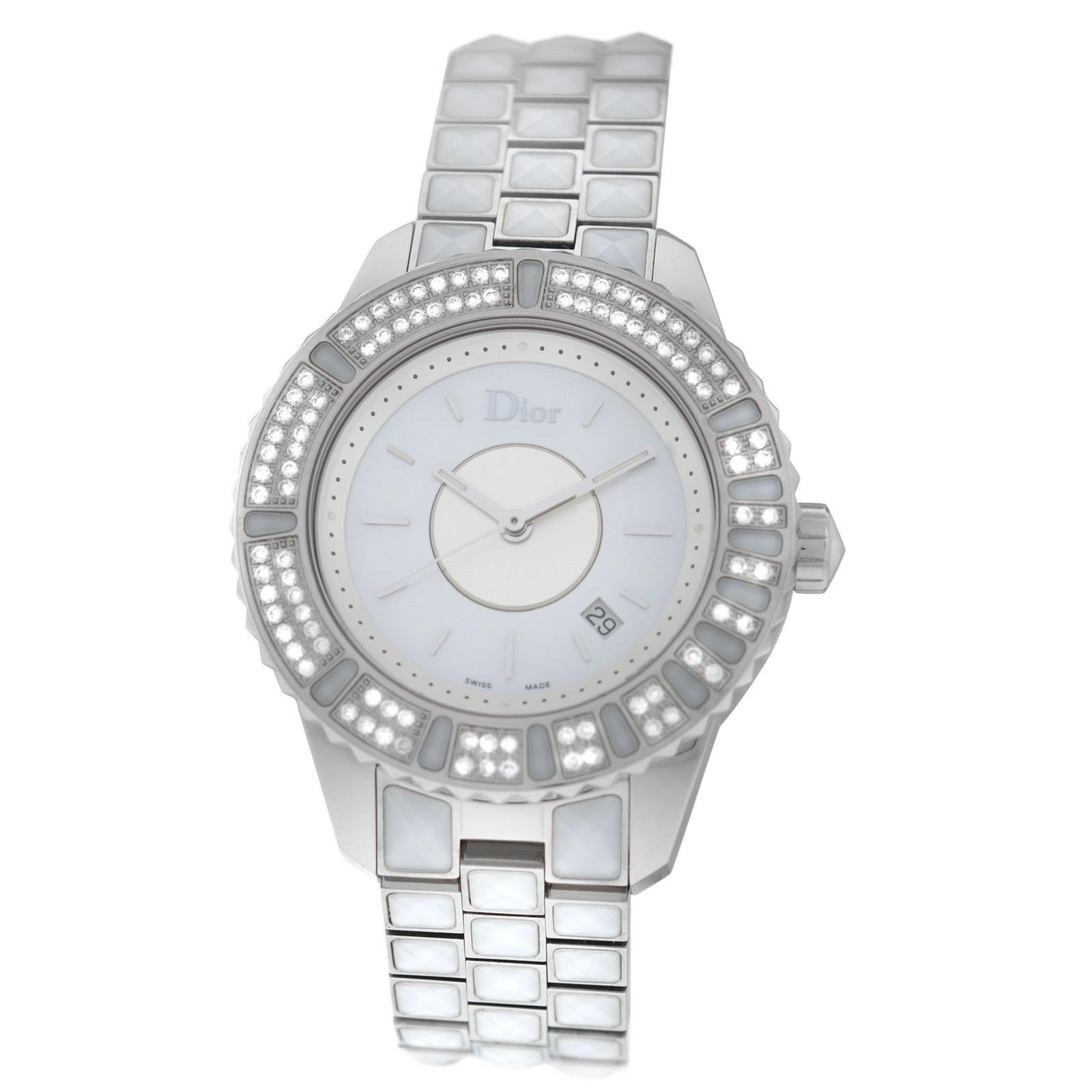New Lady Christian Dior Christal Diamond MOP SS Quartz Watch $7500 For Sale