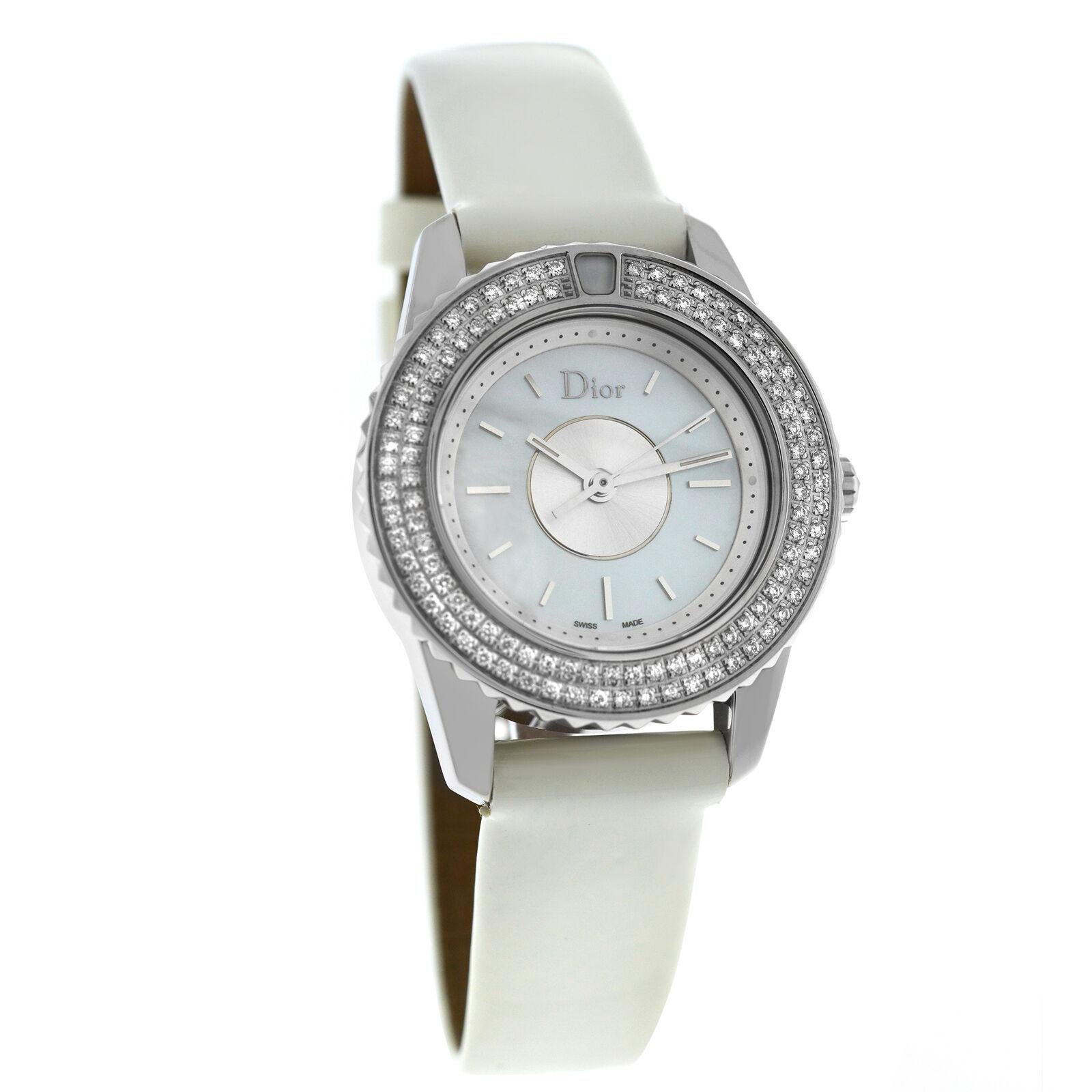 Brand	Christian Dior
Model	Christal CD112118A001
Gender	Ladies
Condition	New
Movement	Swiss Quartz
Case Material	Stainless Steel and diamonds
Bracelet / Strap Material	
Leather

Clasp / Buckle Material	
Stainless Steel 	
Clasp Type	Tang
Bracelet /