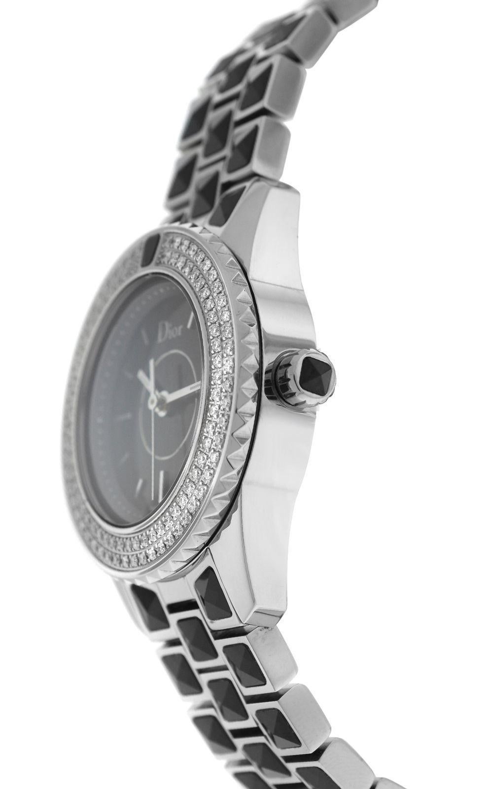 Brand	Christian Dior
Model	Christal CD112119A001
Gender	Ladies
Condition	New
Movement	Swiss Quartz
Case Material	Stainless Steel and diamonds
Bracelet / Strap Material	
Stainless Steel with crystal inserts

Clasp / Buckle Material	
Stainless Steel