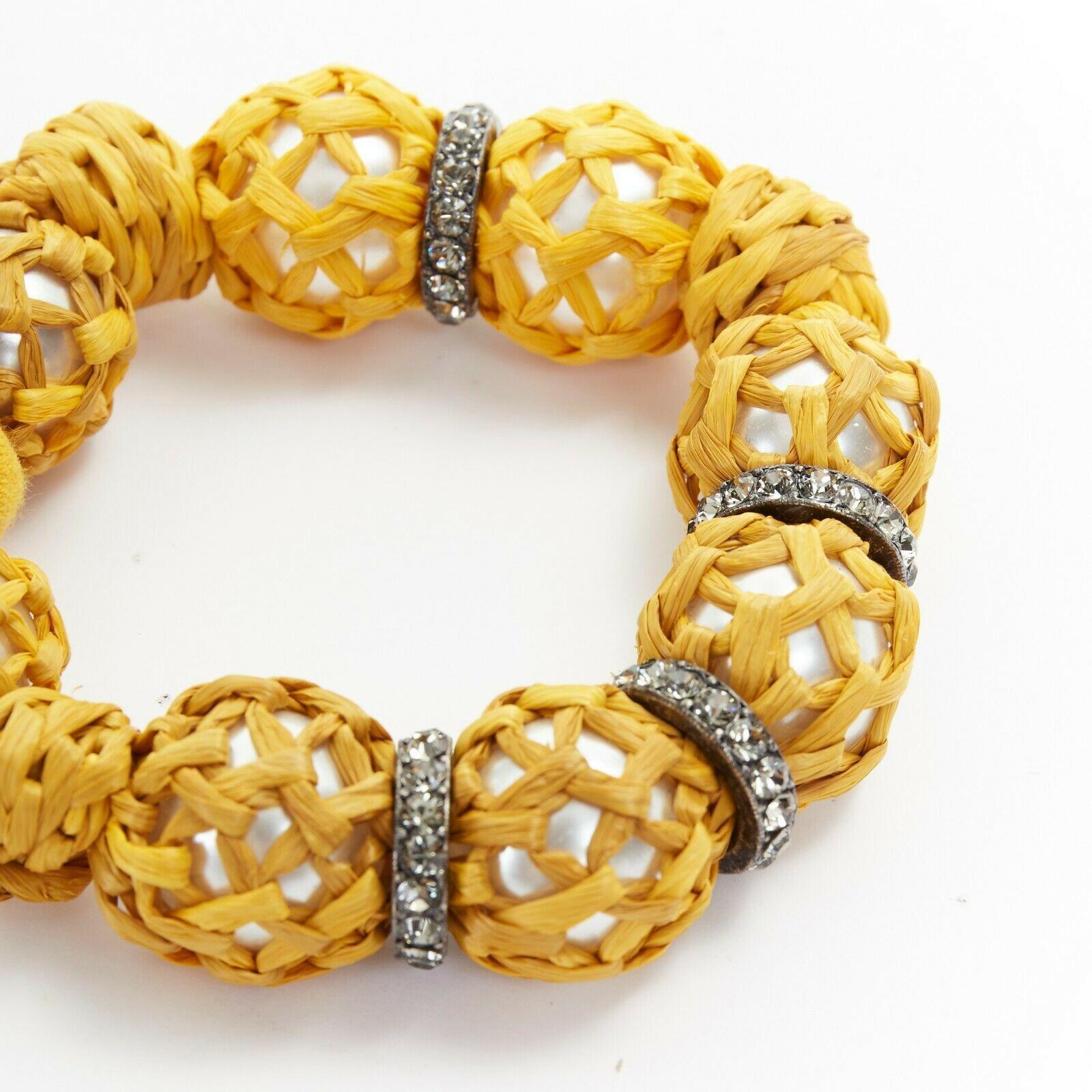 Women's new LANVIN ALBER ELBAZ faux pearl yellow raffia wrapped crystal hook bracelet