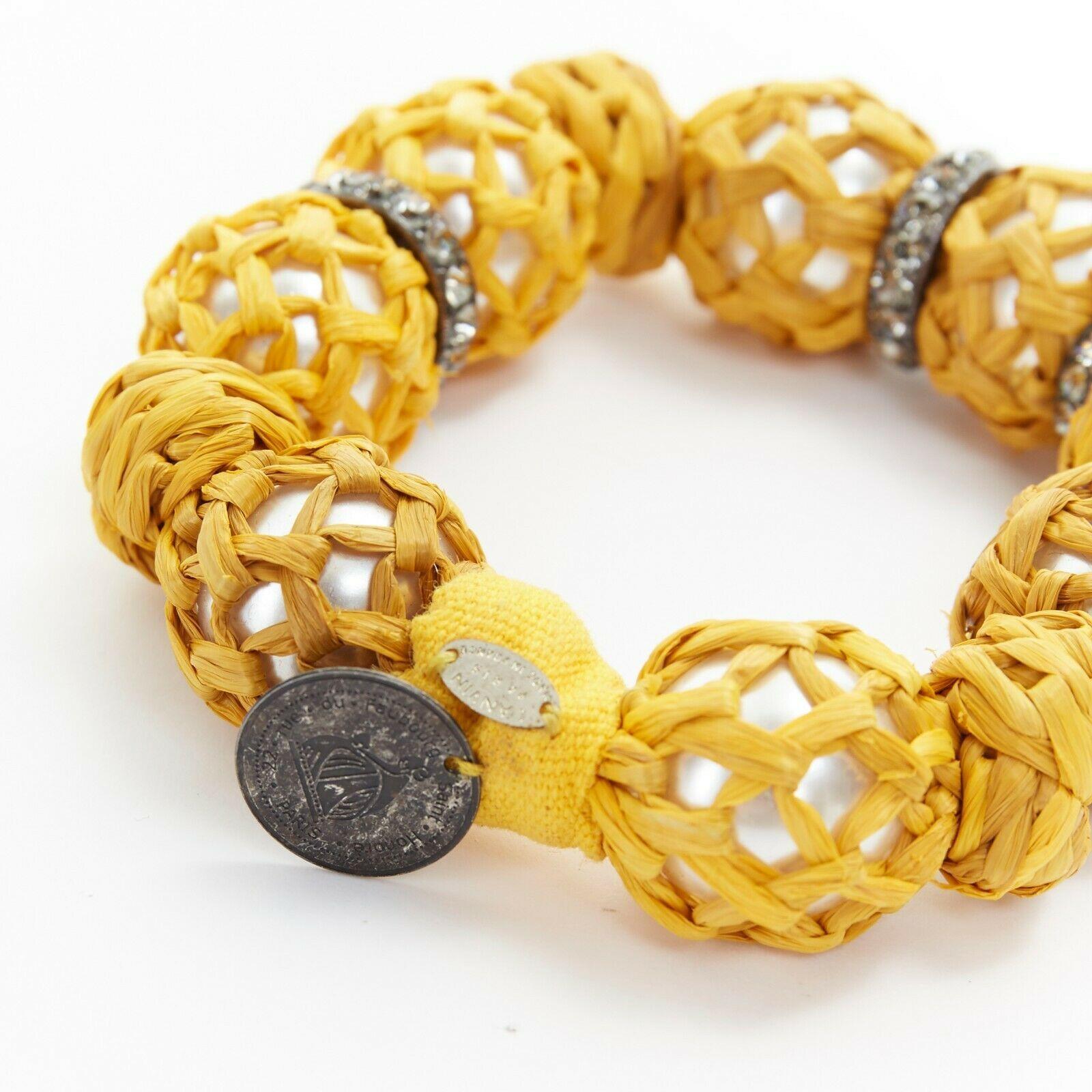 new LANVIN ALBER ELBAZ faux pearl yellow raffia wrapped crystal hook bracelet 2