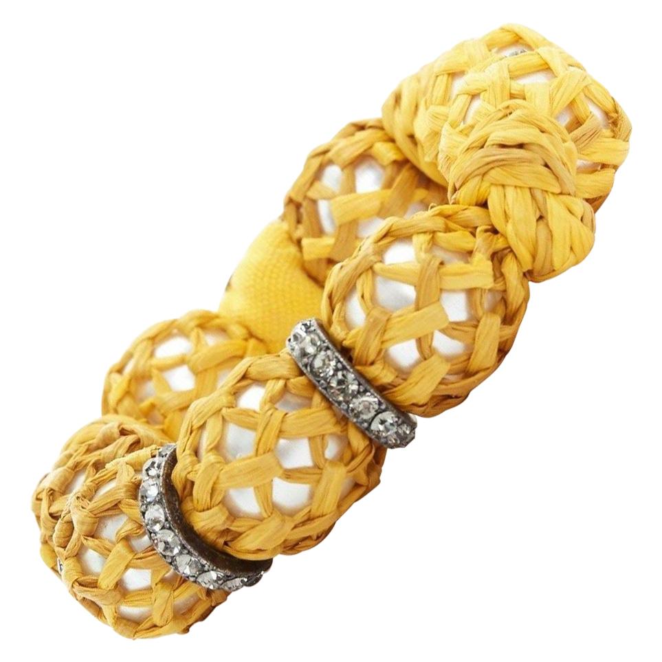new LANVIN ALBER ELBAZ faux pearl yellow raffia wrapped crystal hook bracelet