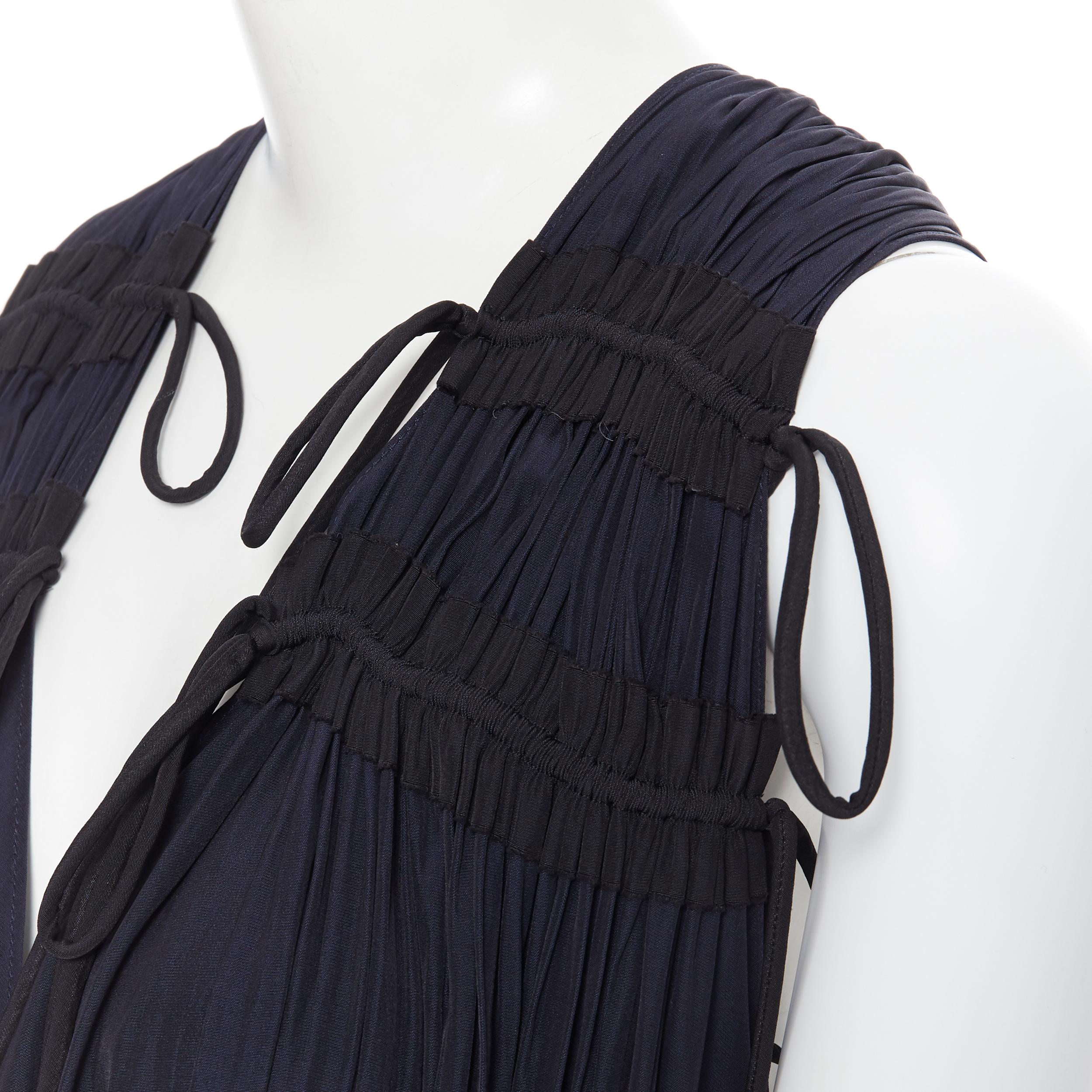 new LANVIN ALBER ELBAZ midnight blue black pleated tie detail maxi dress FR34 XS 
Reference: SNKO/A00114 
Brand: Lanvin 
Designer: Alber Elbaz
Material: Polyester 
Color: Navy 
Pattern: Solid 
Extra Detail: V-neck. Gold-tone hardware. Ruched