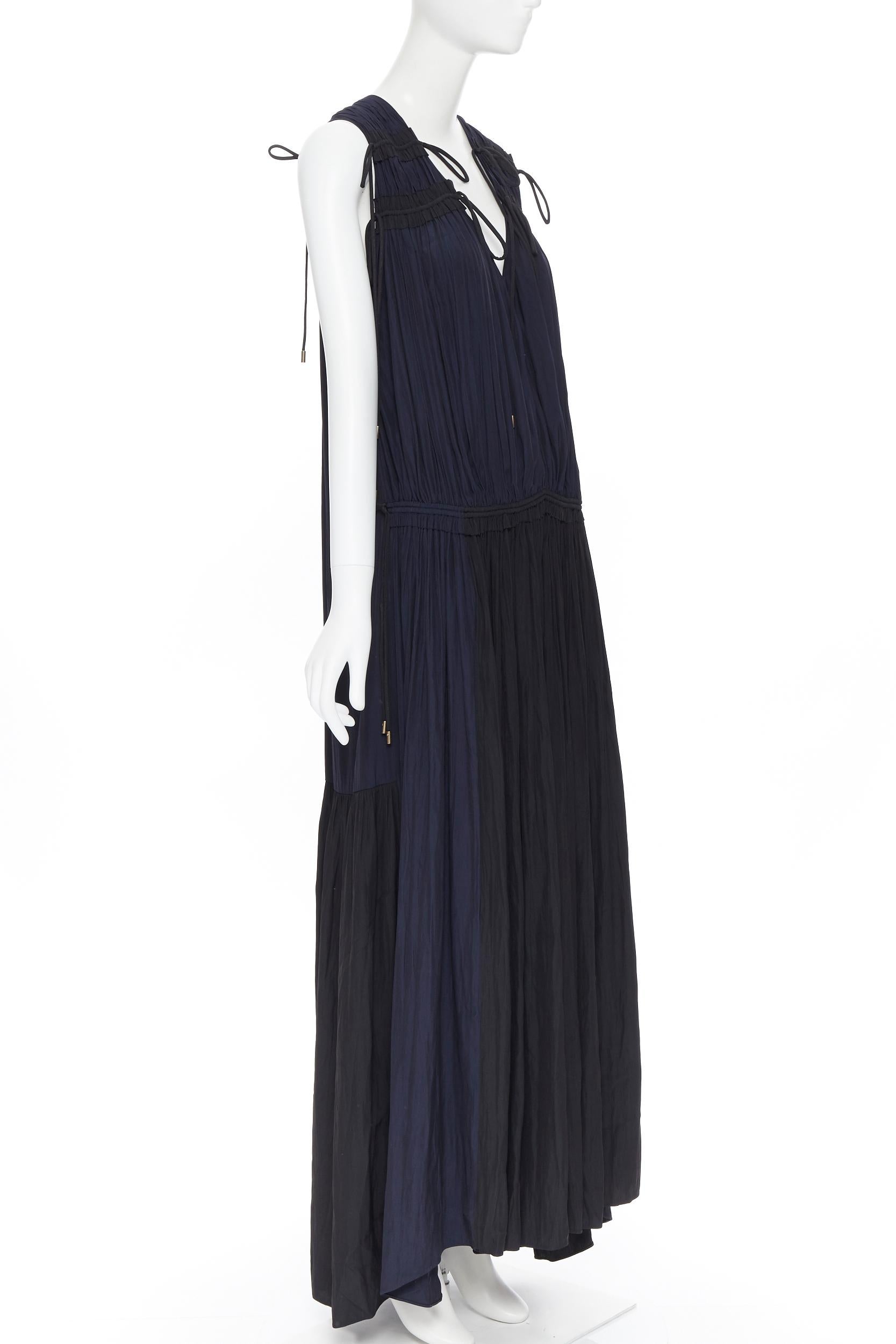new LANVIN ALBER ELBAZ midnight blue black pleated tie detail maxi dress FR34 XS In New Condition For Sale In Hong Kong, NT