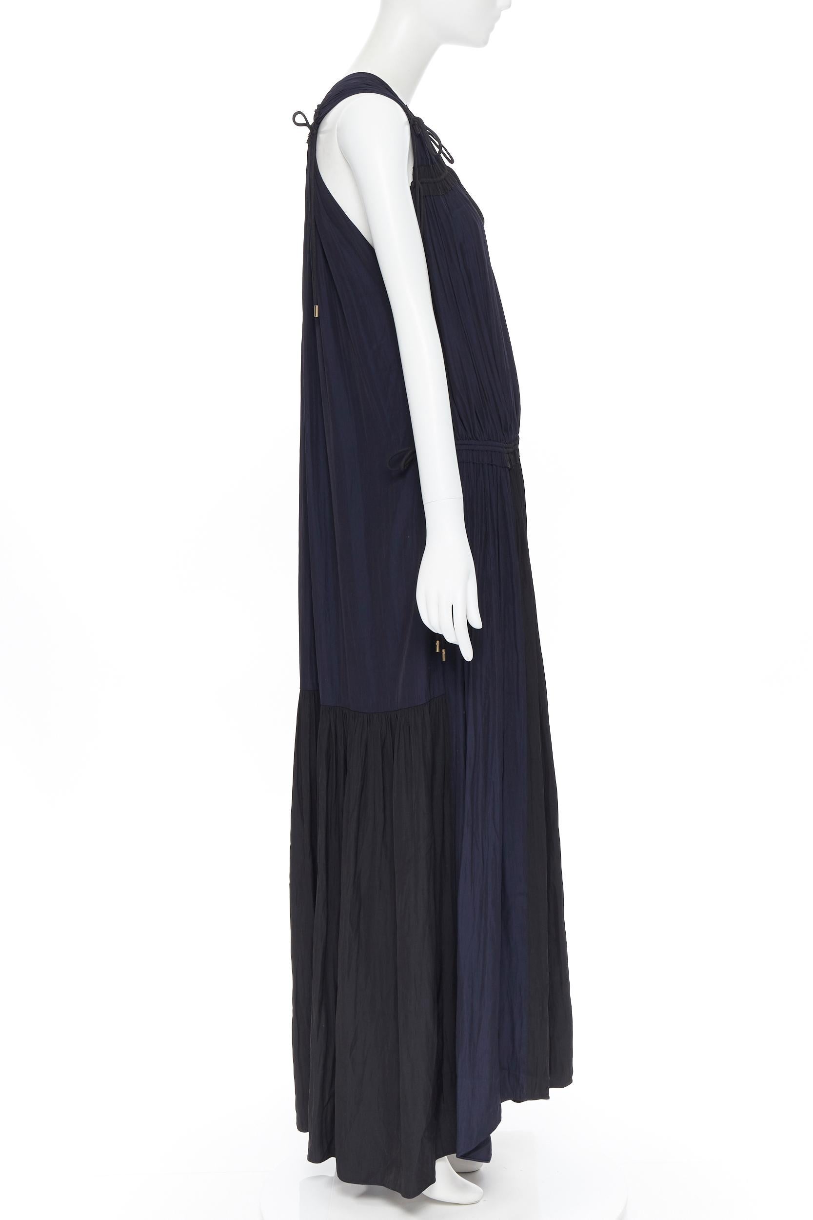 Women's new LANVIN ALBER ELBAZ midnight blue black pleated tie detail maxi dress FR34 XS For Sale