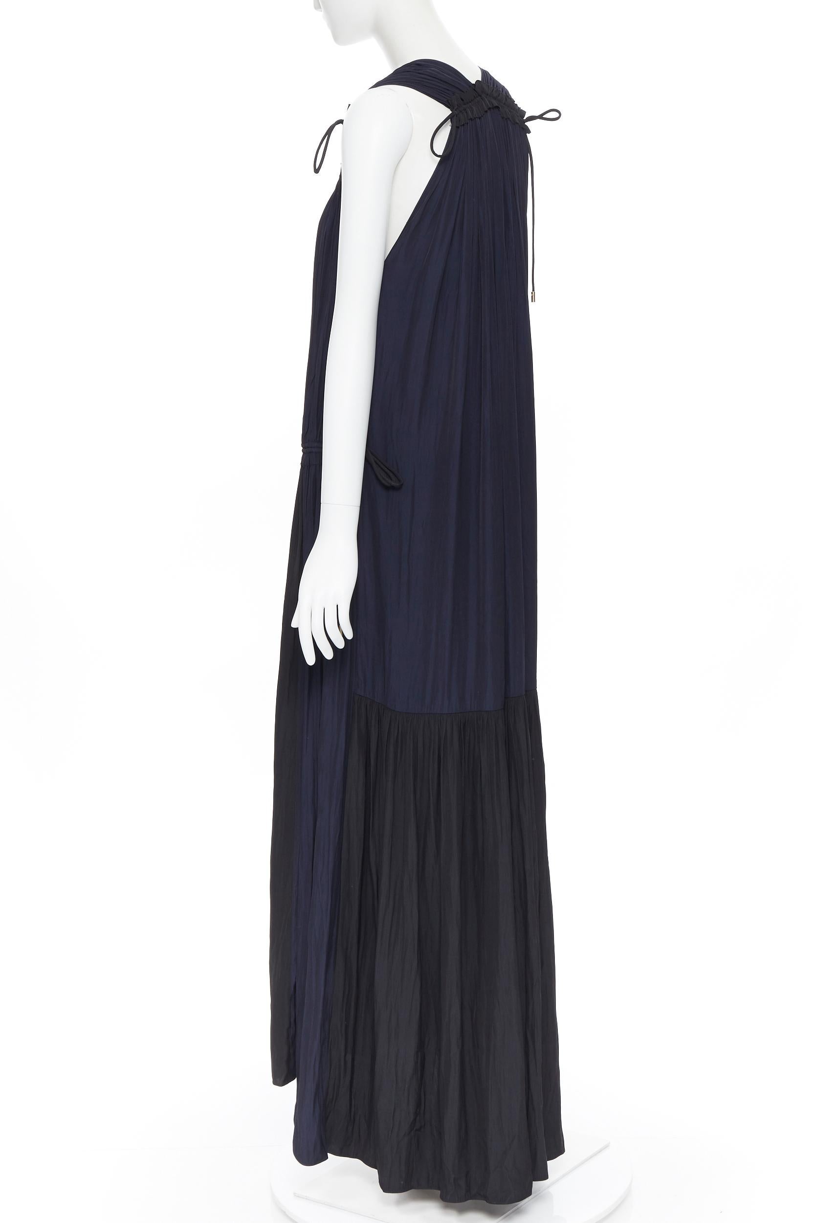 new LANVIN ALBER ELBAZ midnight blue black pleated tie detail maxi dress FR34 XS en vente 2