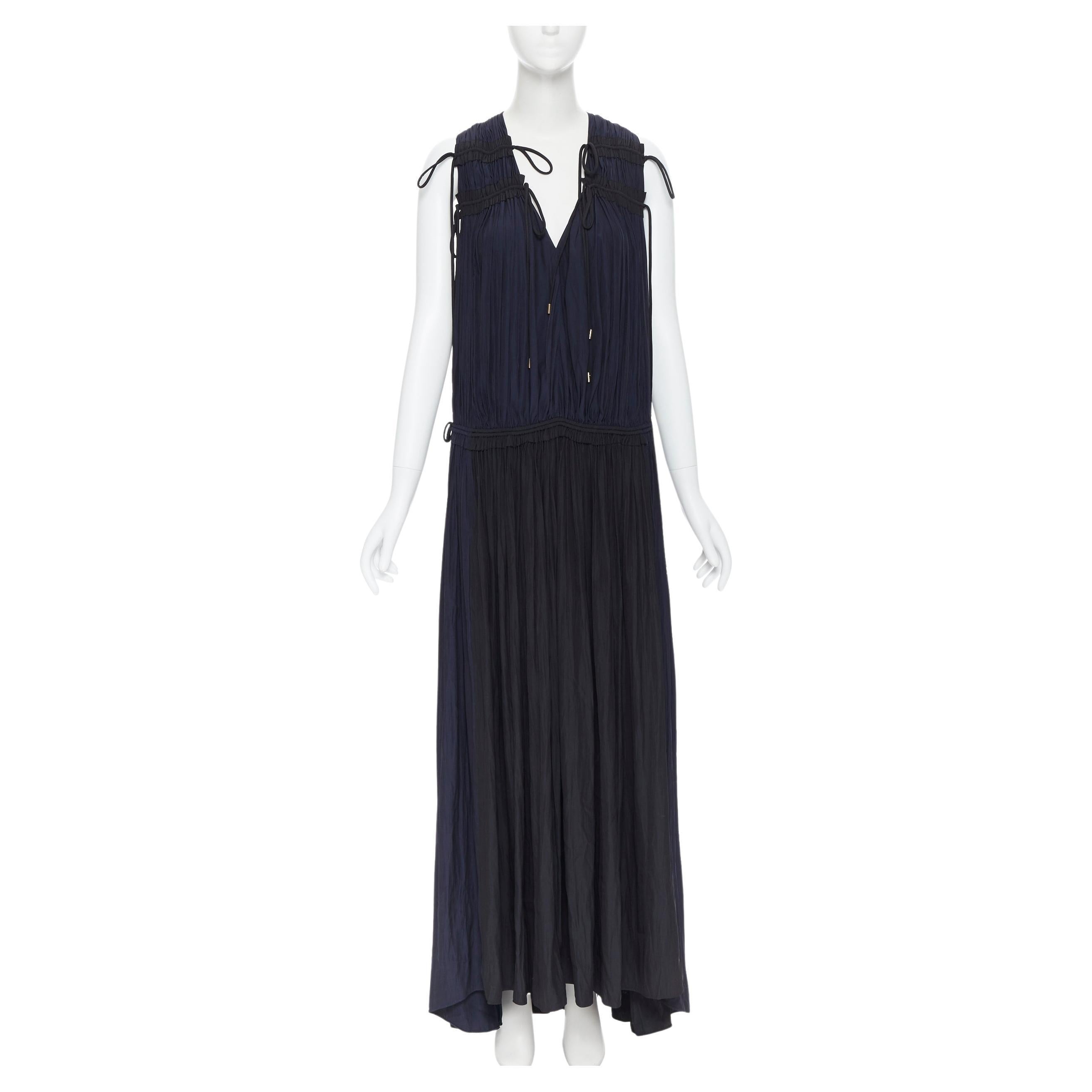 new LANVIN ALBER ELBAZ midnight blue black pleated tie detail maxi dress FR34 XS For Sale
