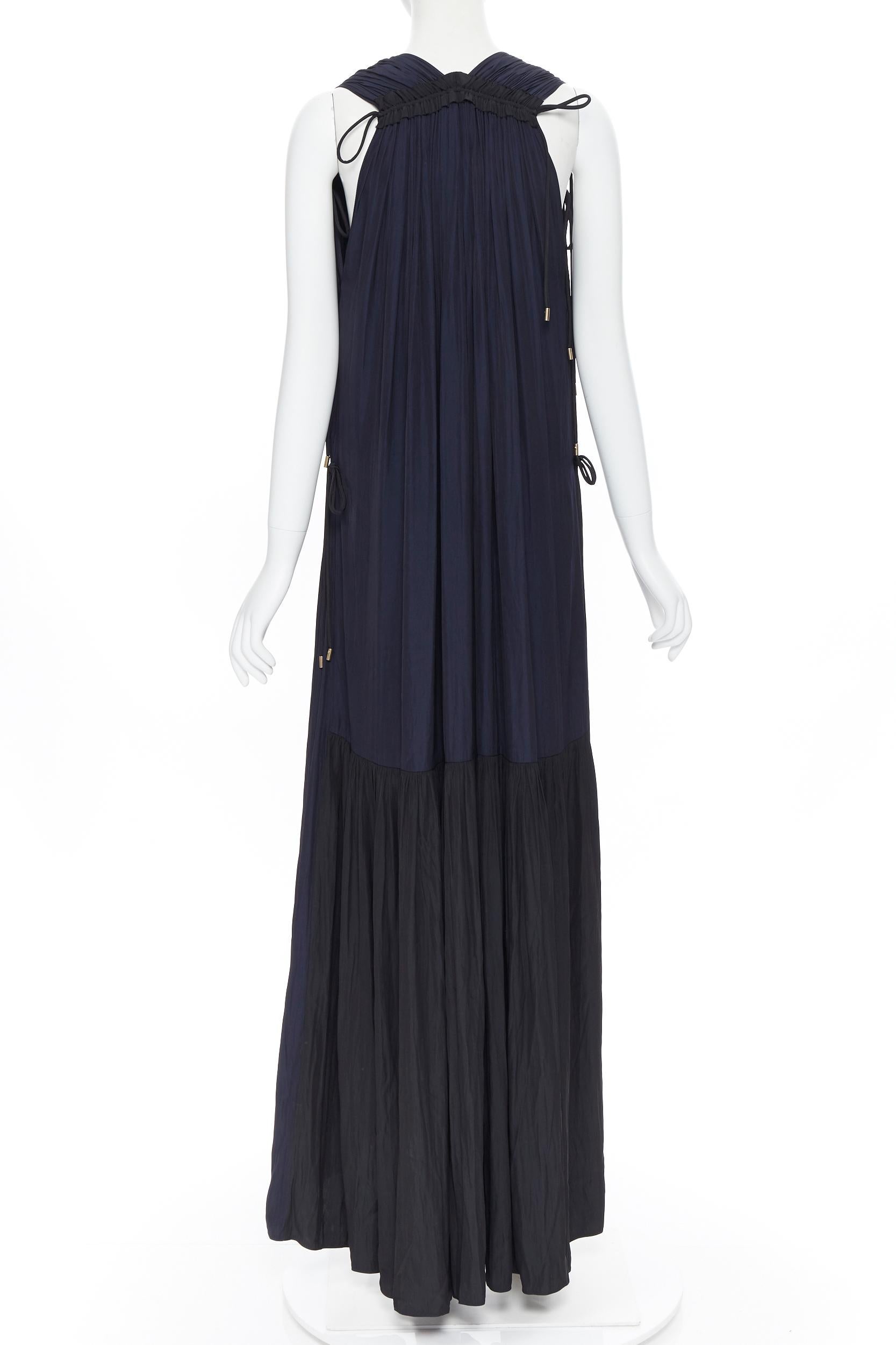 Women's new LANVIN Elbaz midnight blue black pleated tie detail maxi dress FR34 XS