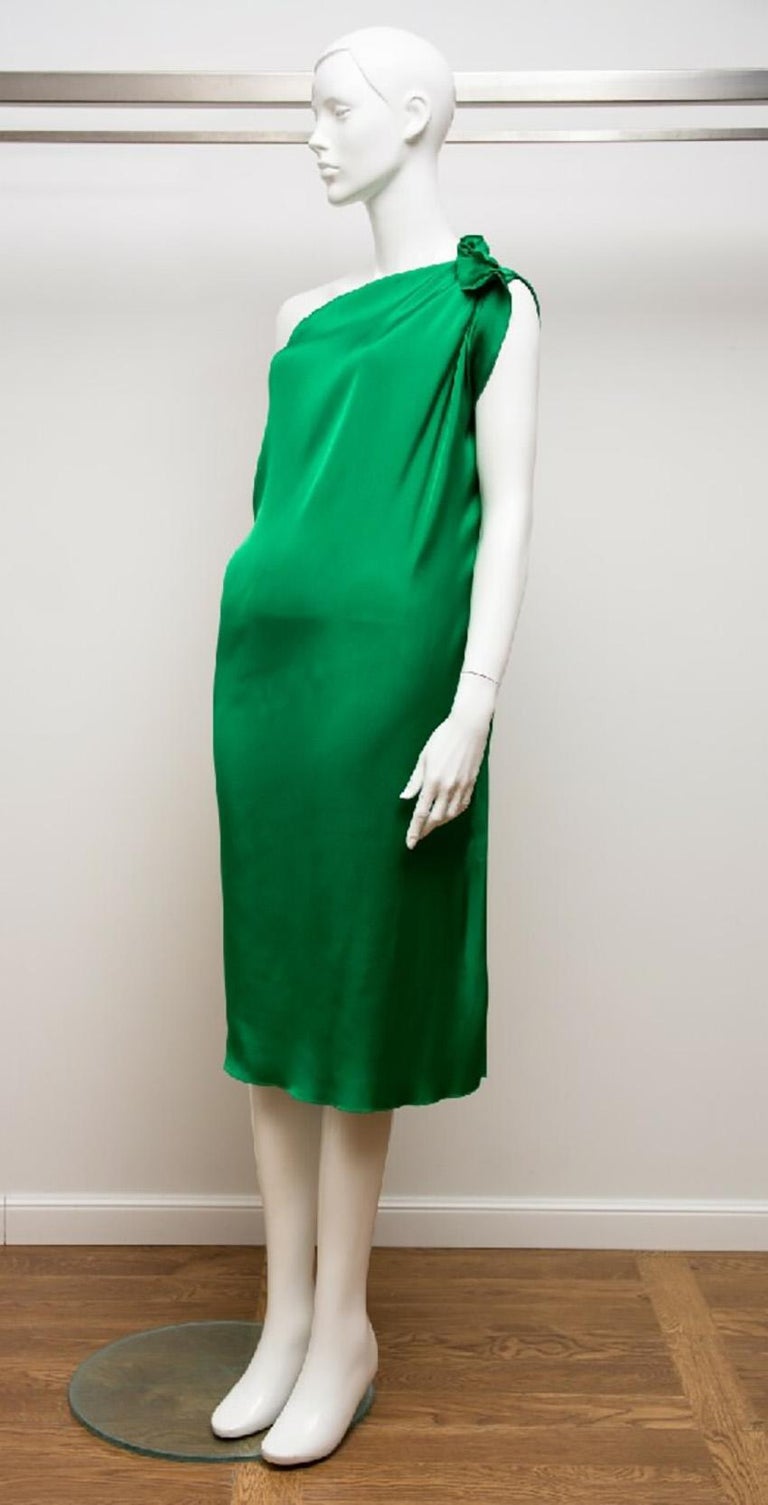 lanvin green silk dress New LANVIN GREEN SILK ONE SHOULDER DRESS FR 40 - 8 at 1stDibs